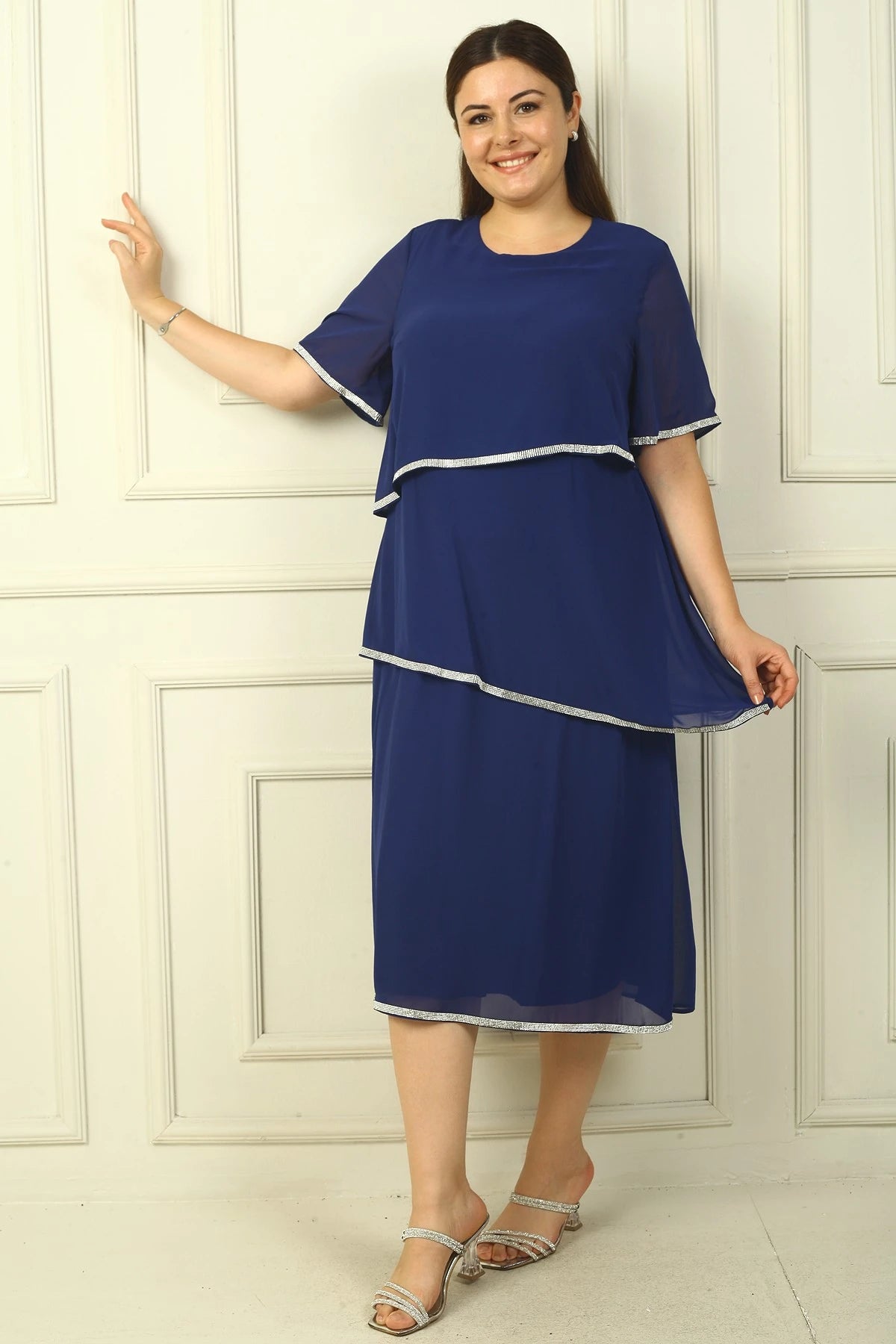 Image of Women's Plus Size Dress with Stone Embellishments, Lined, Short Sleeves, and Three Layers of Chiffon.