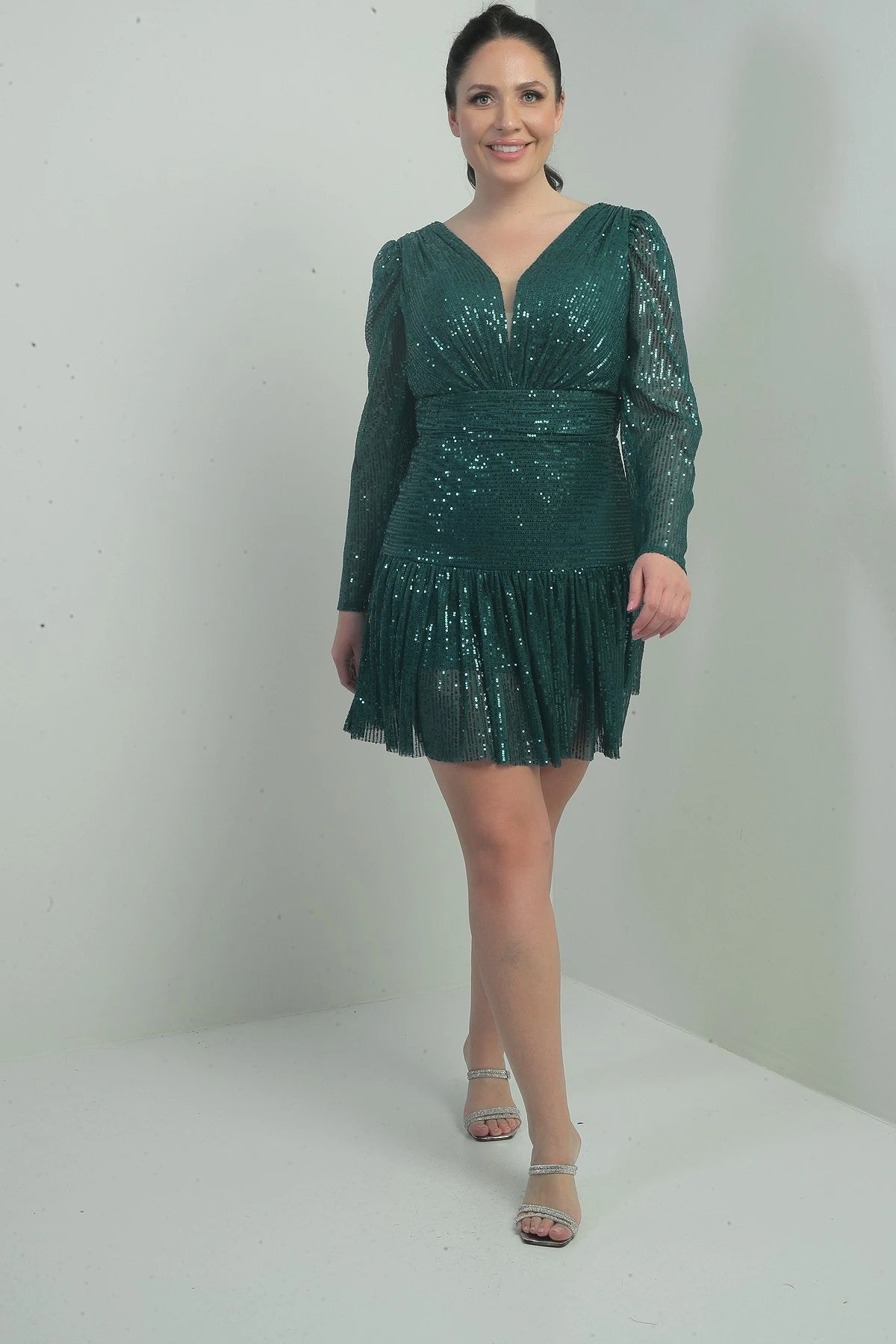 Image of Women's Front and Back V-Neck Lined Draped Long Sleeved Plus Size Sequin Dress
