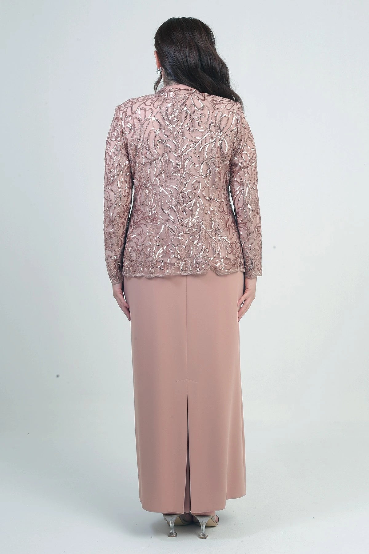 Image of Women's Sequin Embellished Beaded Tulle Jacket, Half-Moon Sleeve Long Dress, Lined Crepe, Plus Size 2-Piece Set