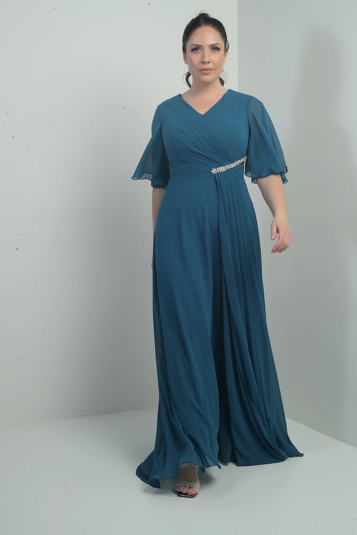 Image of Women's V-Neck, Waistband with Stone Embellishment, Draped, Lined, Plus Size Long Chiffon Dress