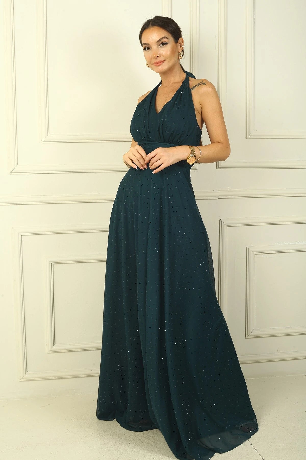 Image of Women's Halter Neck Stone Print Lined Long Tulle Dress