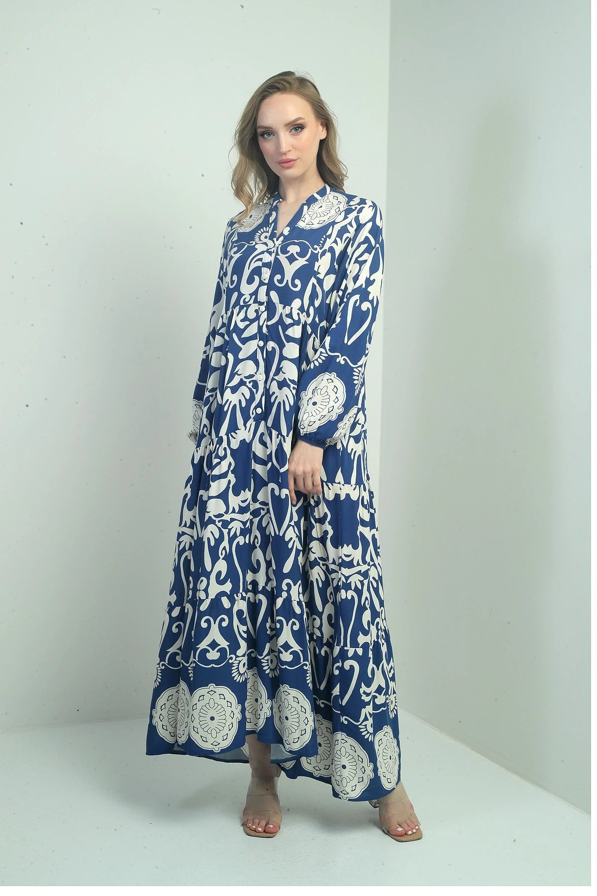 Image of Women's Mandarin Collar, Button-Front, Elasticated Cuff, Shawl Pattern Long Hijab Dress