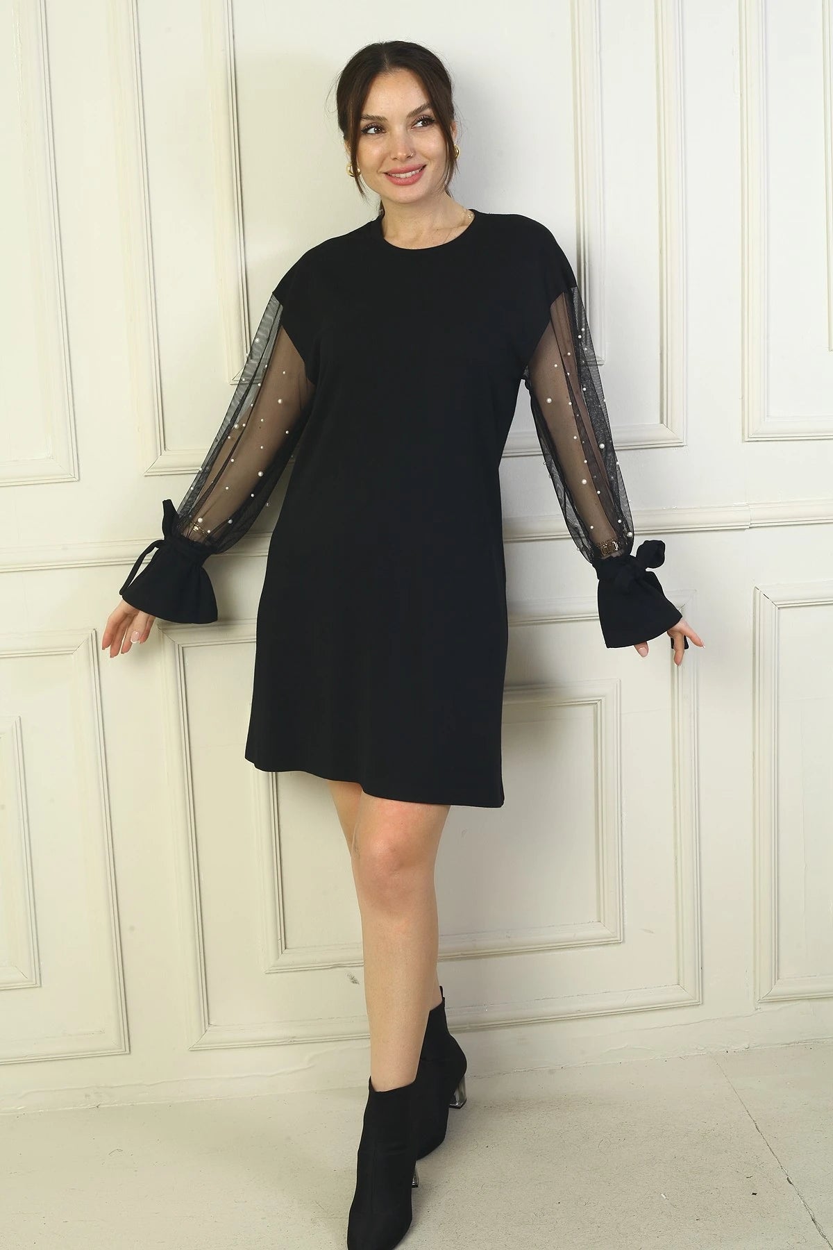 Image of Women's Round Neck Short Dress with Pearl Details and Tulle Sleeves