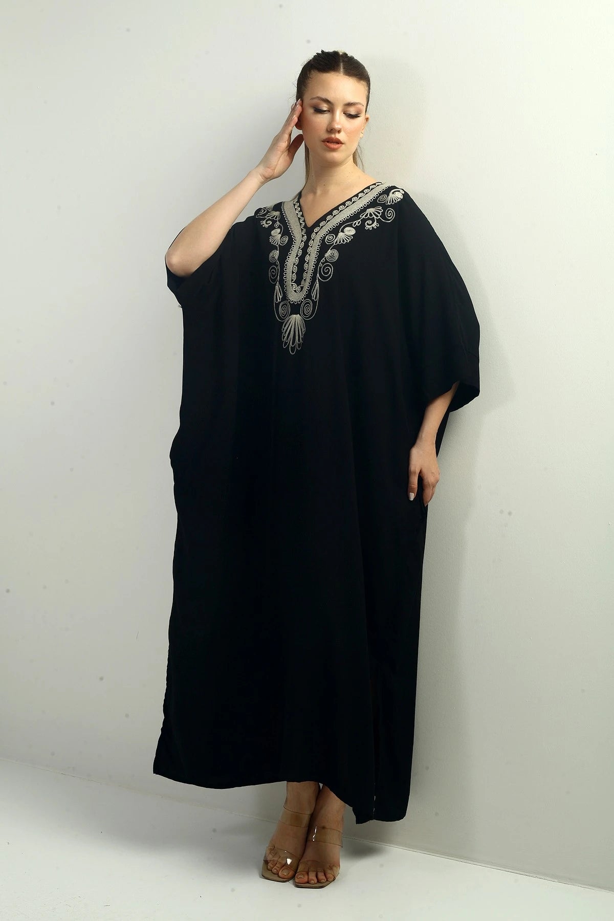 Image of Women's V-Neck Embroidered Pocket Oversize Long Dress