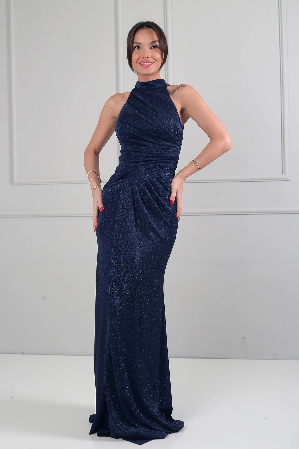 Image of Women's Halter Neck Lined Draped Glitter Long Dress