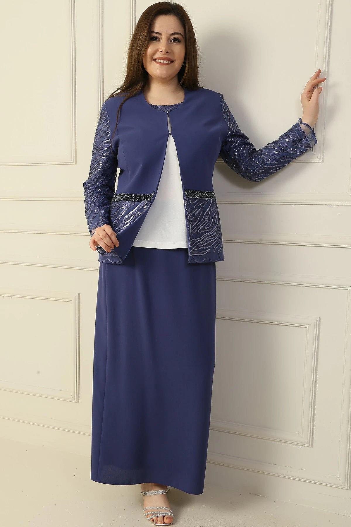 Image of Three-Piece Set: Half-Moon Sleeve Blouse, Sequin Embroidered Jacket and Skirt with Bead Details, Lined, Plus Size.