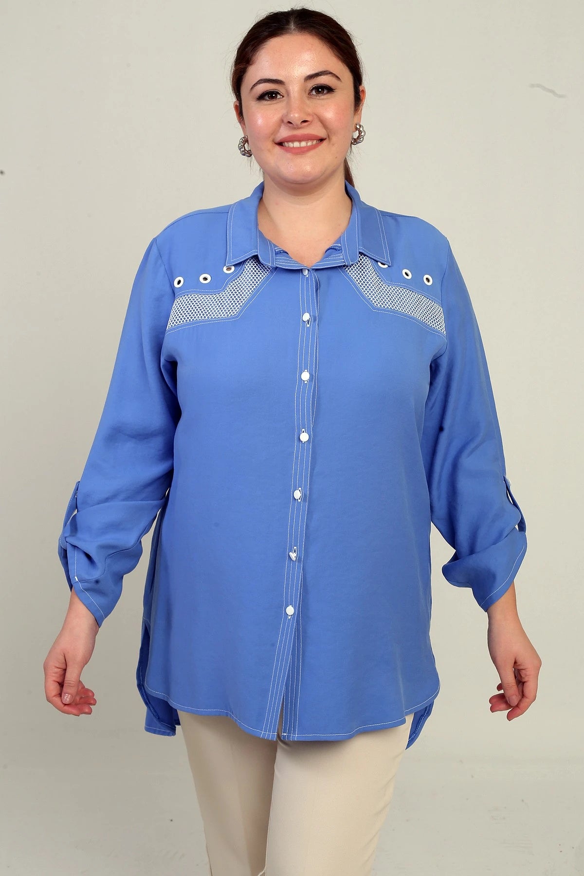 Image of Women's Eyelet Mesh Plus Size Long Shirt with Folded Sleeves