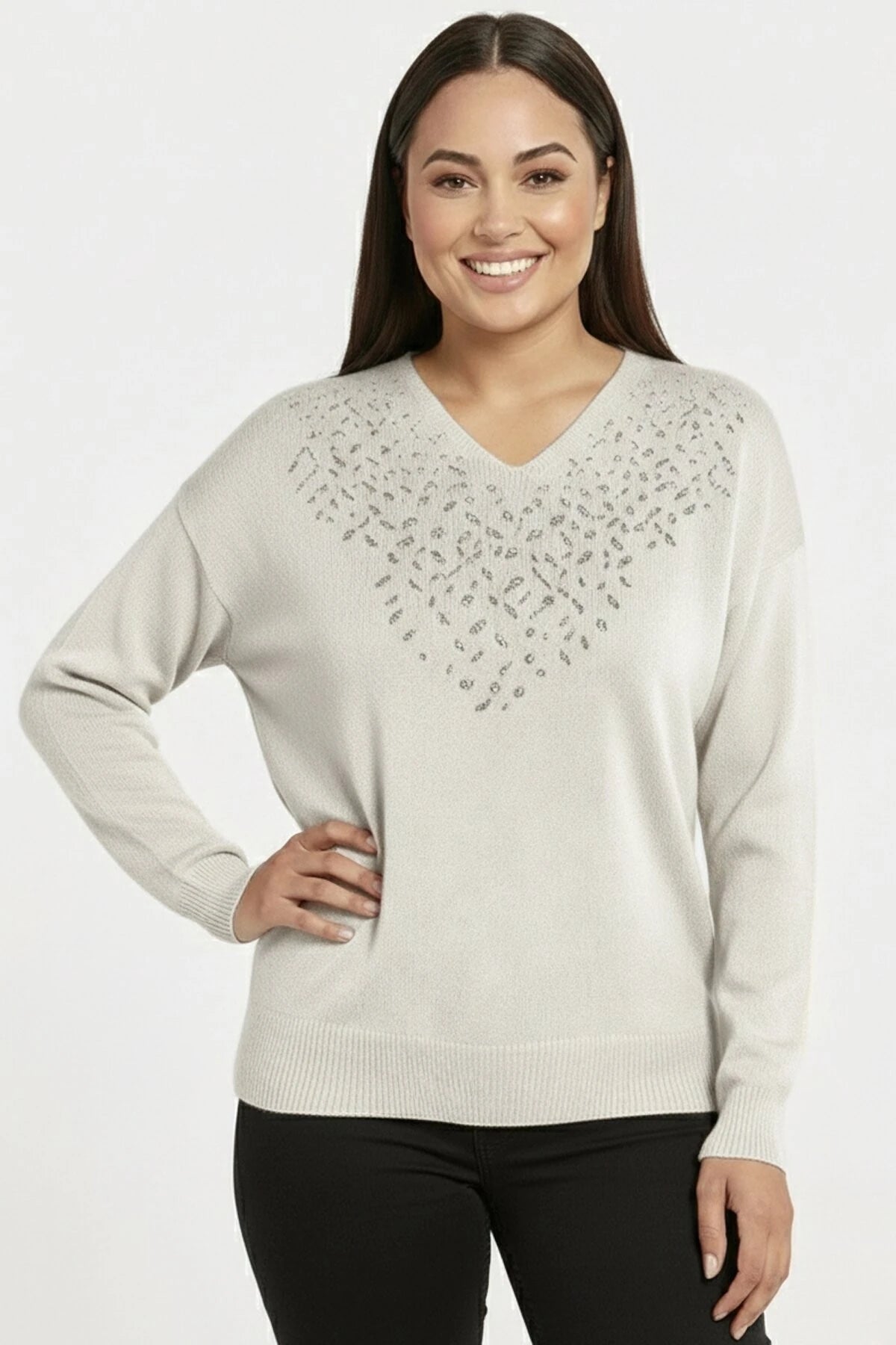Image of Women's V-Neck Plus Size Knitted Blouse with Glitter Detail on the Front