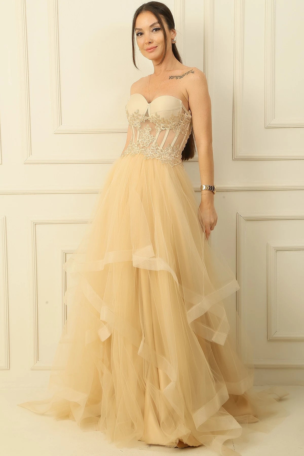 Image of Long, Layered Tulle Taffeta Evening Dress with Beaded Embellishments
