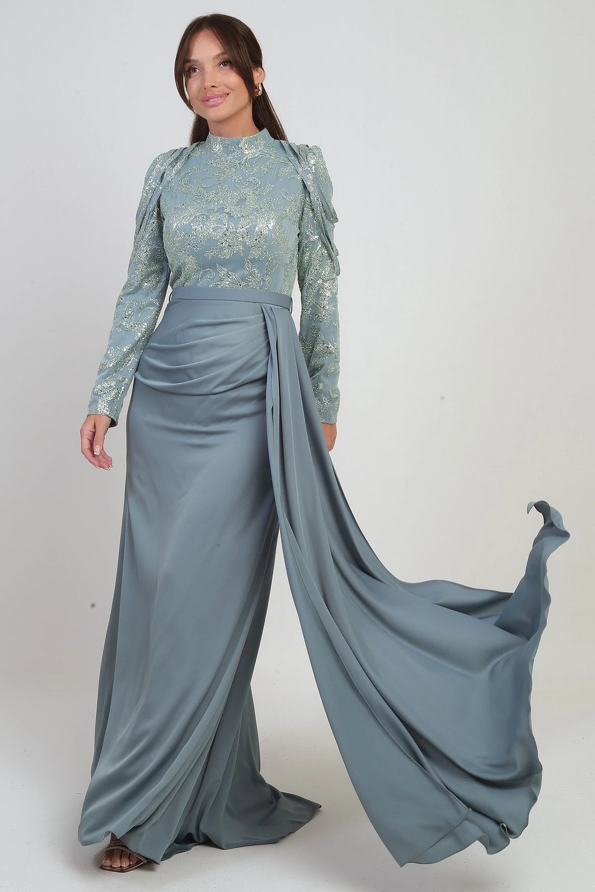 Image of Women's Long Chiffon Dress with Sequin and Glitter Detail on Top and Gathered Skirt, Lined