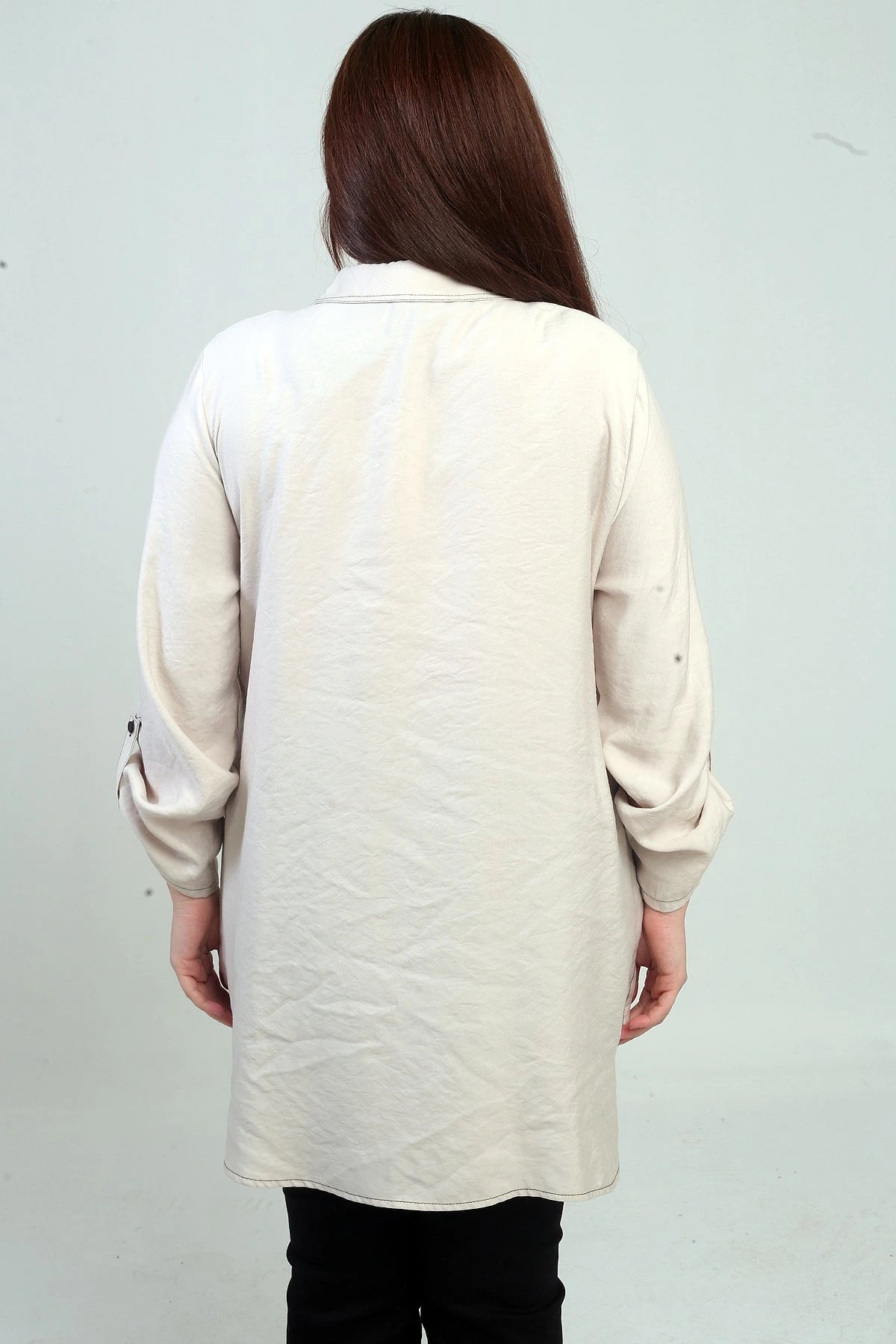 Image of Women's Eyelet Mesh Plus Size Long Shirt with Folded Sleeves