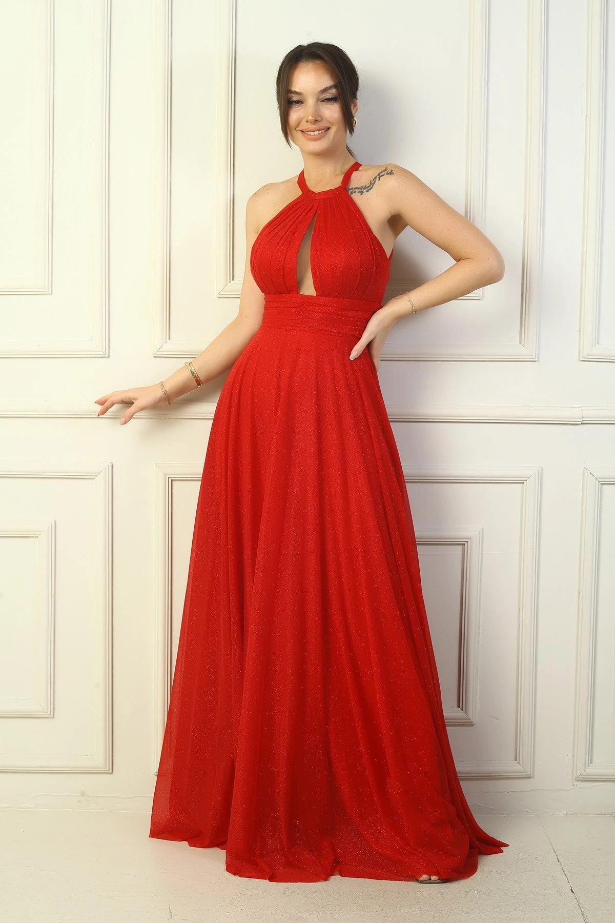 Image of Women's Halter Neck, Pleated Bust, Halter Neck, Lined, Long, Sequin Evening Dress
