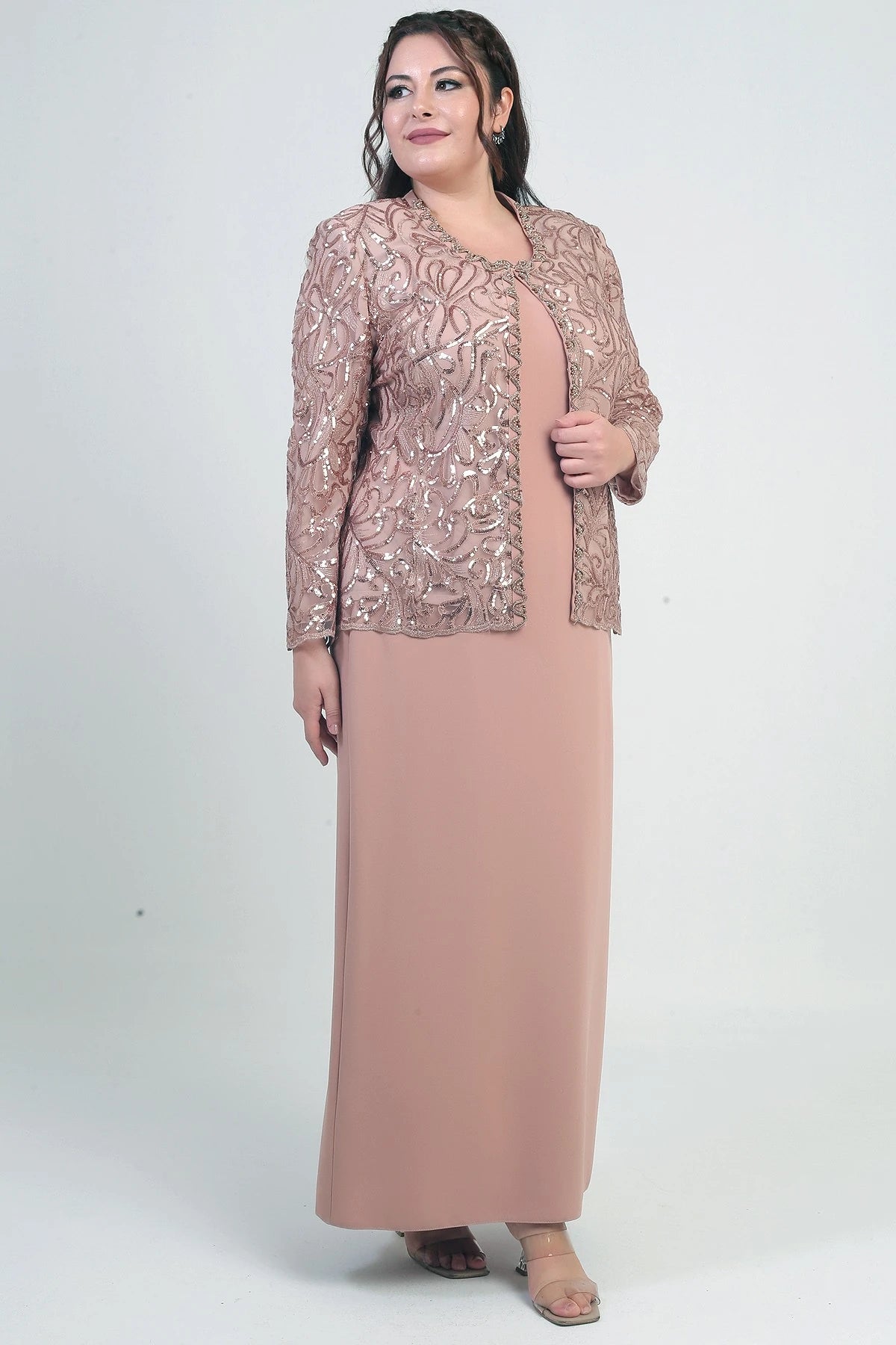 Image of Women's Sequin Embellished Beaded Tulle Jacket, Half-Moon Sleeve Long Dress, Lined Crepe, Plus Size 2-Piece Set