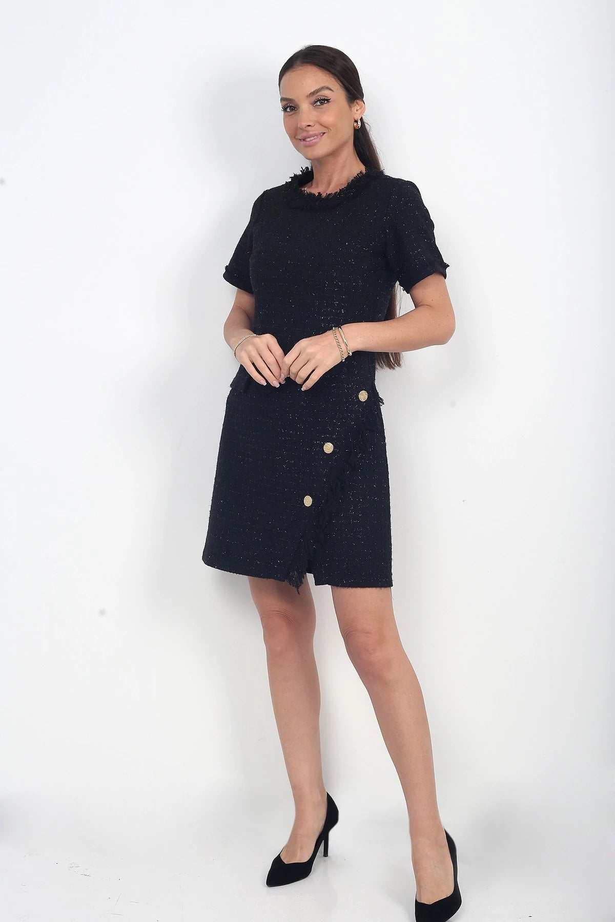 Image of Women's Button Detail Short Sleeve Tassel Chanel Short Dress