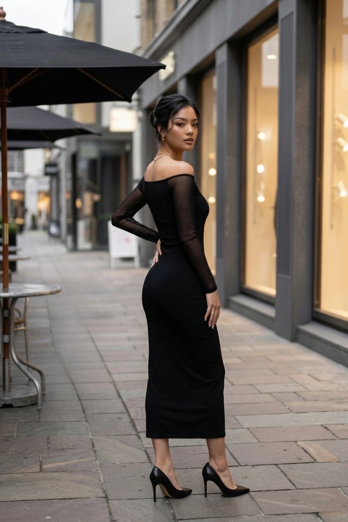 Image of Women's Crystal Tulle Long Dress with Sleeves and Gathered Waist