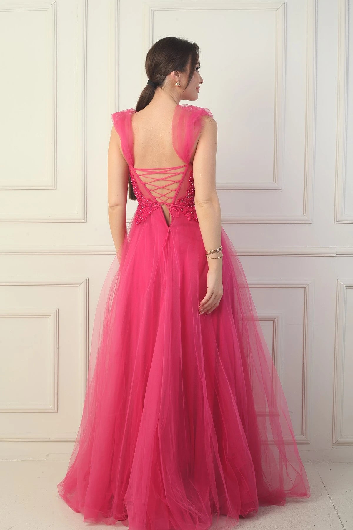 Image of Women's Front and Back V-Neck Lined Dropped Sleeves Princess Evening Dress with Applique Embroidery on Top
