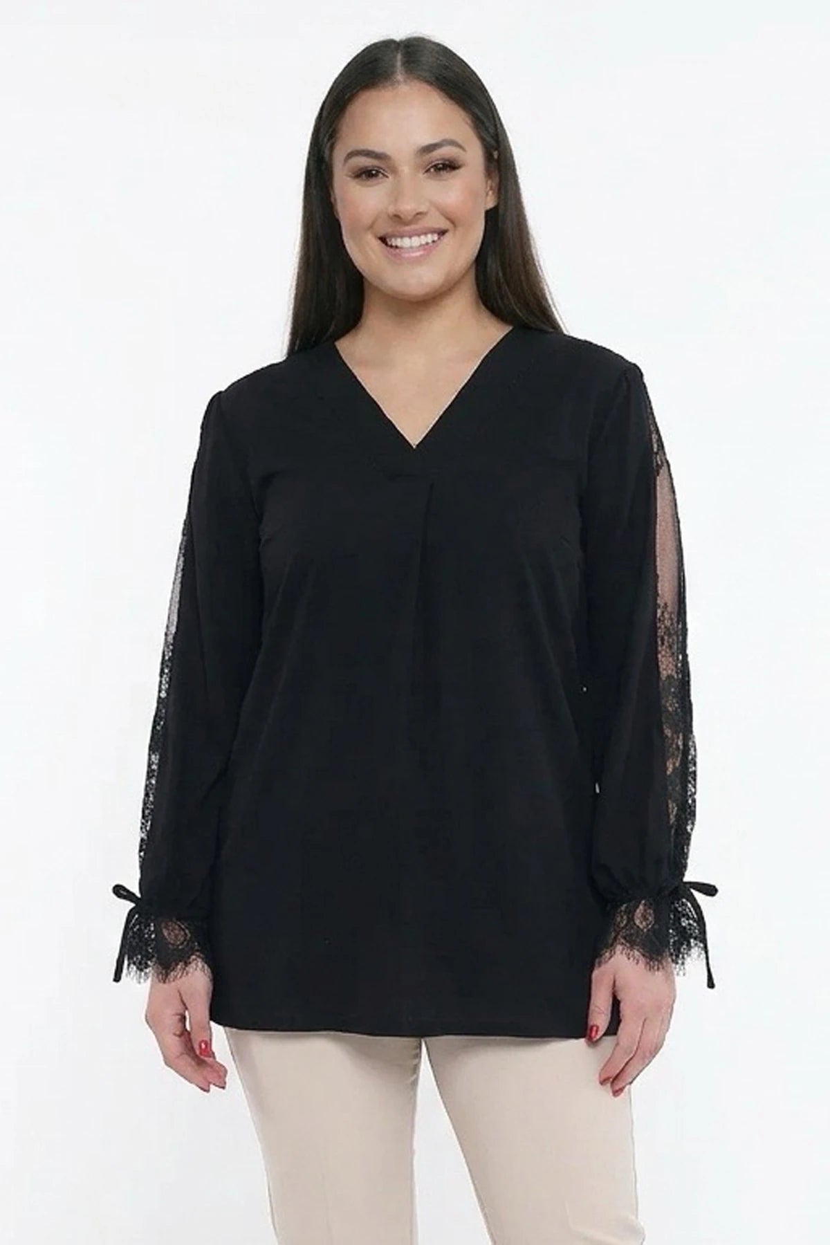 Image of Women's Plus Size Blouse with Lace Pleat Detail on Sleeves, Lycra, Crystal Viscose