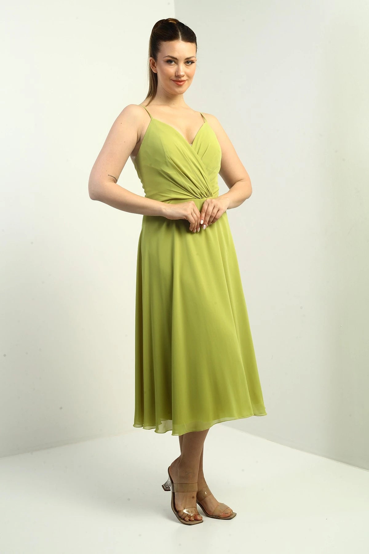 Image of Women's Strappy Wrap Neckline Lined Lace-Up Back Flared Chiffon Dress