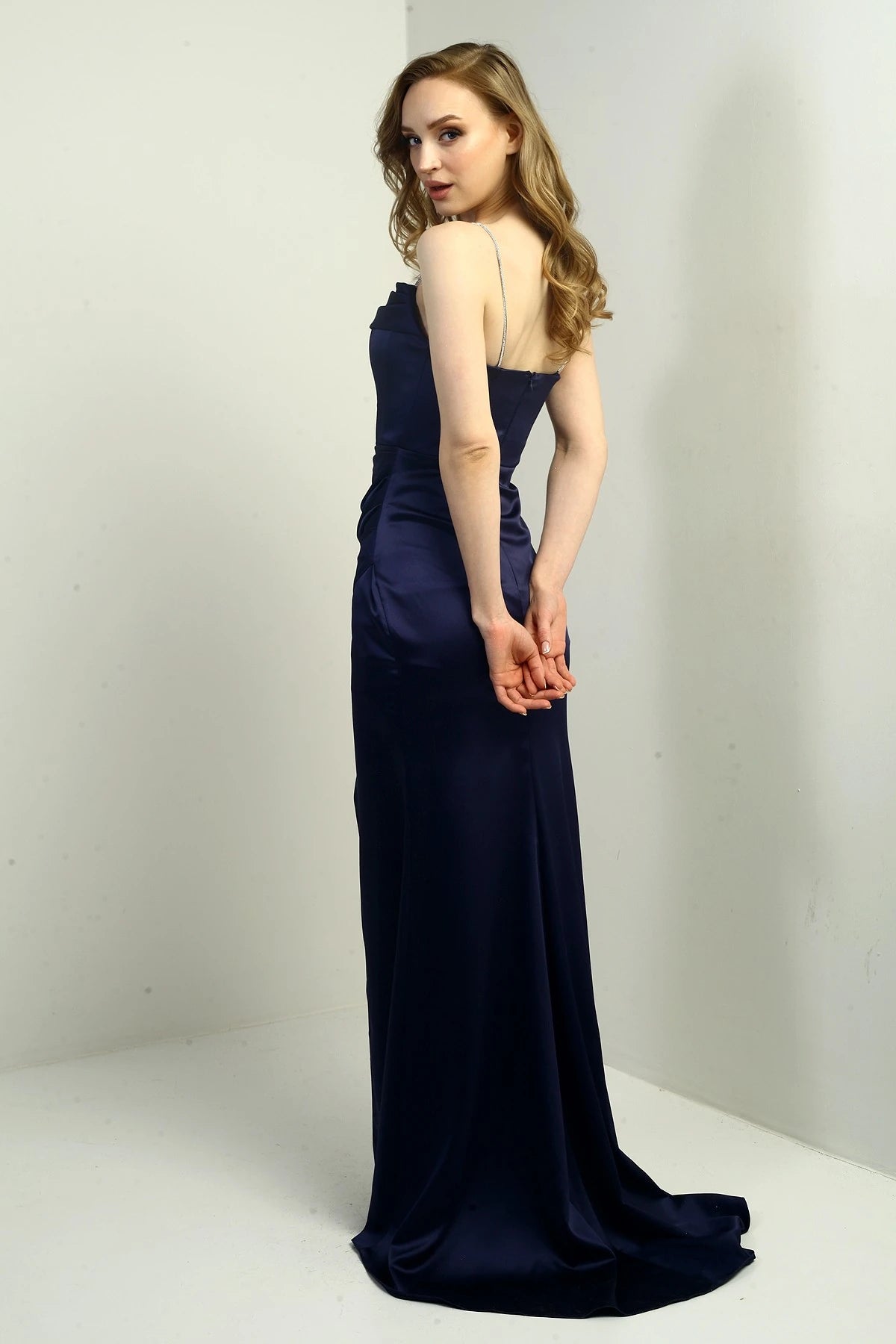 Image of Women's Shiny Strappy Deep Slit Front Gathered Pleated Long Satin Evening Dress