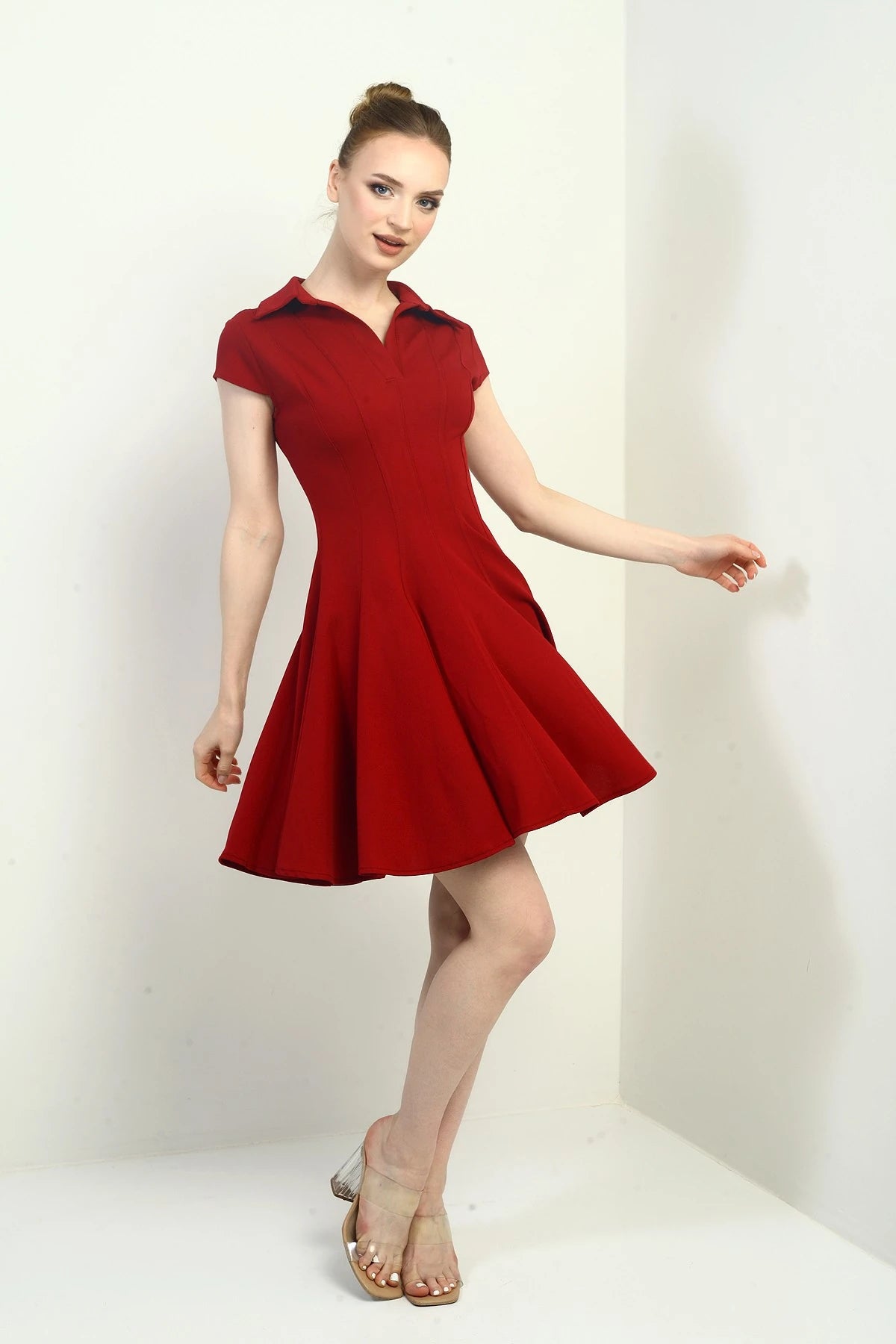 Image of Women's Polo Collar Long Sleeve Lycra Flared Short Dress