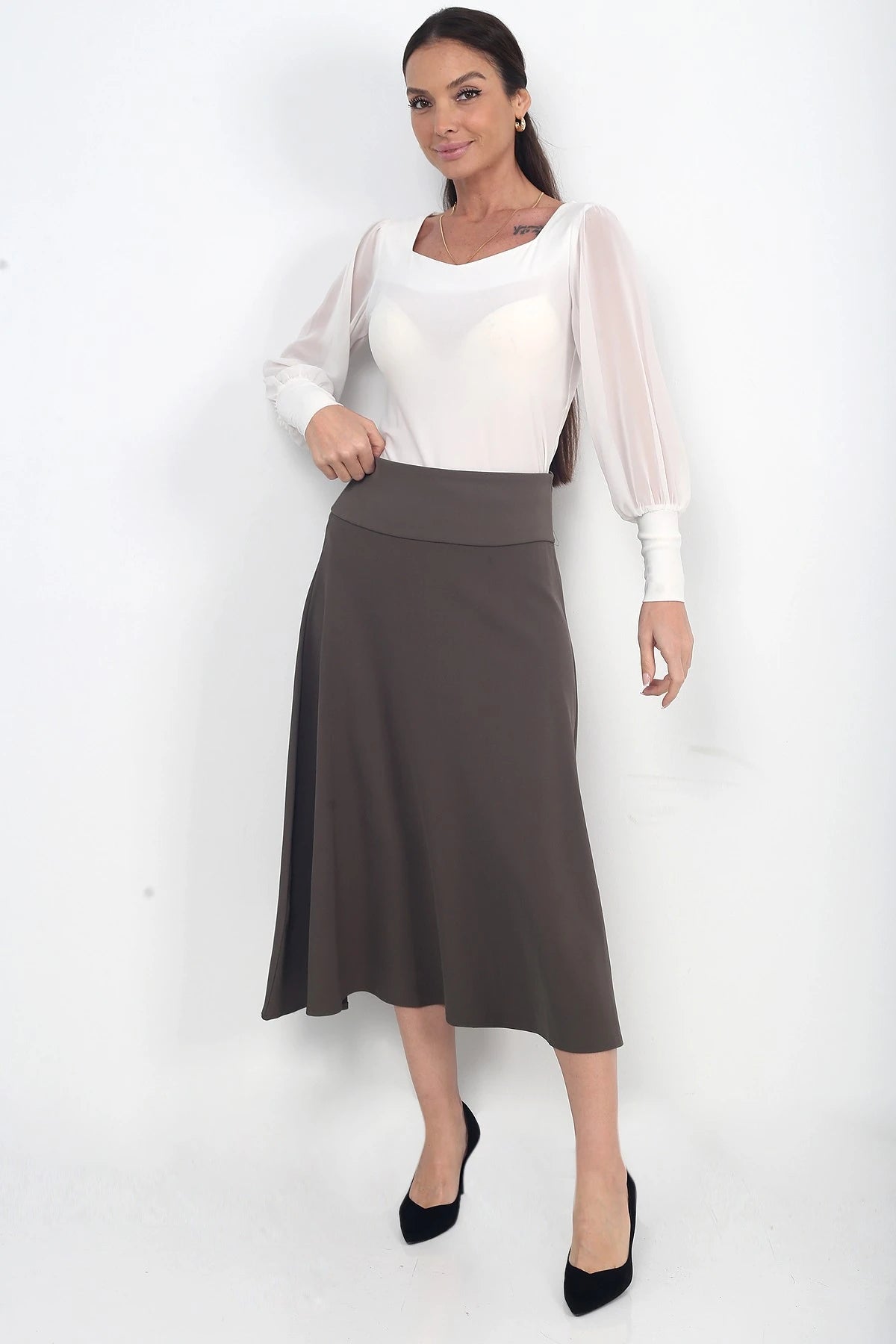 Image of Women's Full Lycra Diagonal Midi A-line Skirt