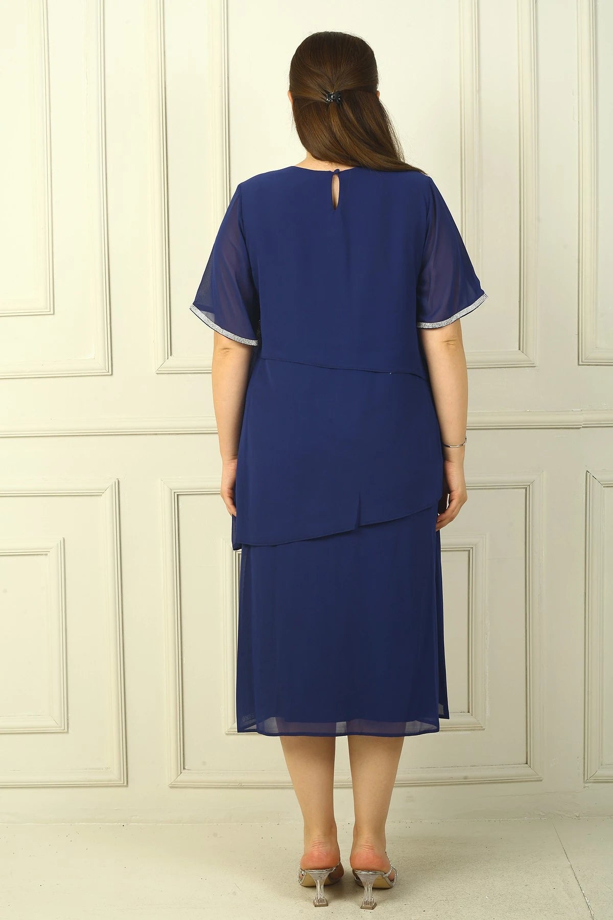 Image of Women's Plus Size Dress with Stone Embellishments, Lined, Short Sleeves, and Three Layers of Chiffon.