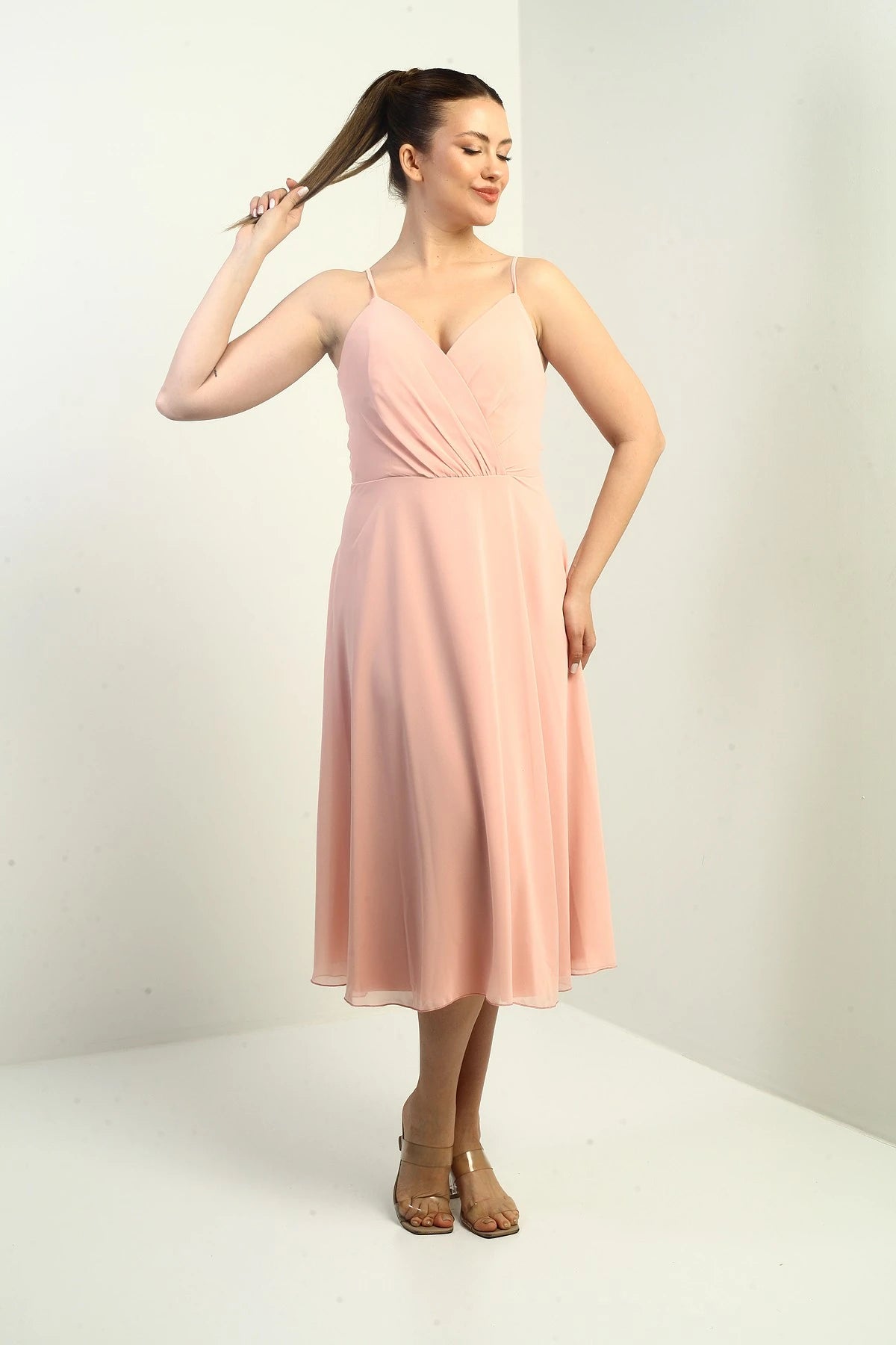Image of Women's Strappy Wrap Neckline Lined Lace-Up Back Flared Chiffon Dress