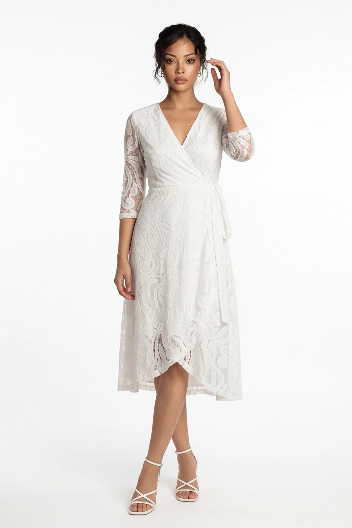 Image of Wrap Neckline Lined Envelope Lace Dress