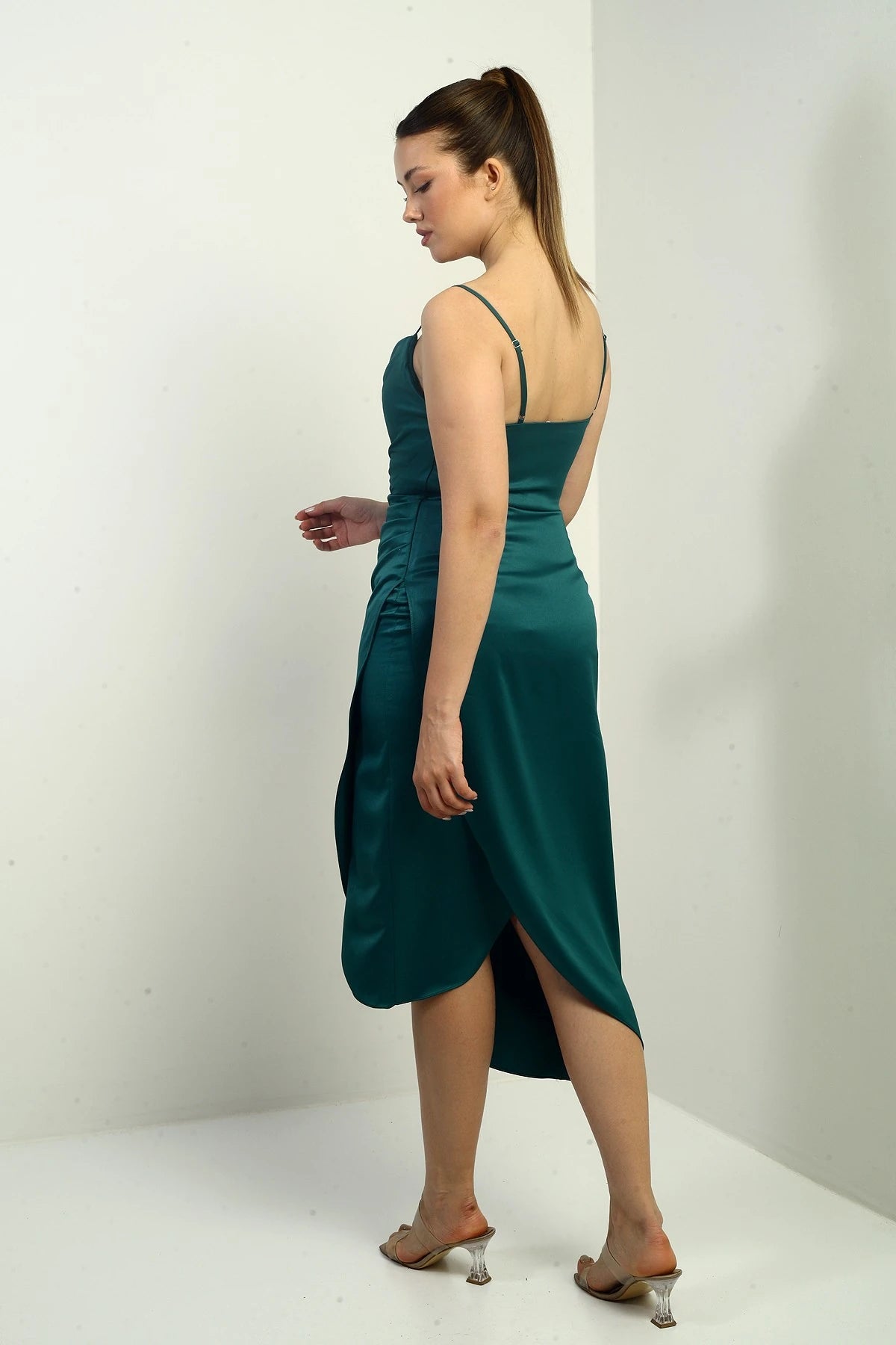 Image of Women's Strappy Draped Lined Asymmetrical Midi Dress