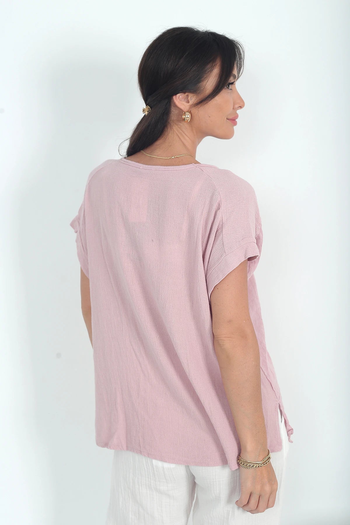 Image of Kadın İtalyan Cotton V Yaka Örgü Dantel Tek Cepli Oversize Keten Bluz