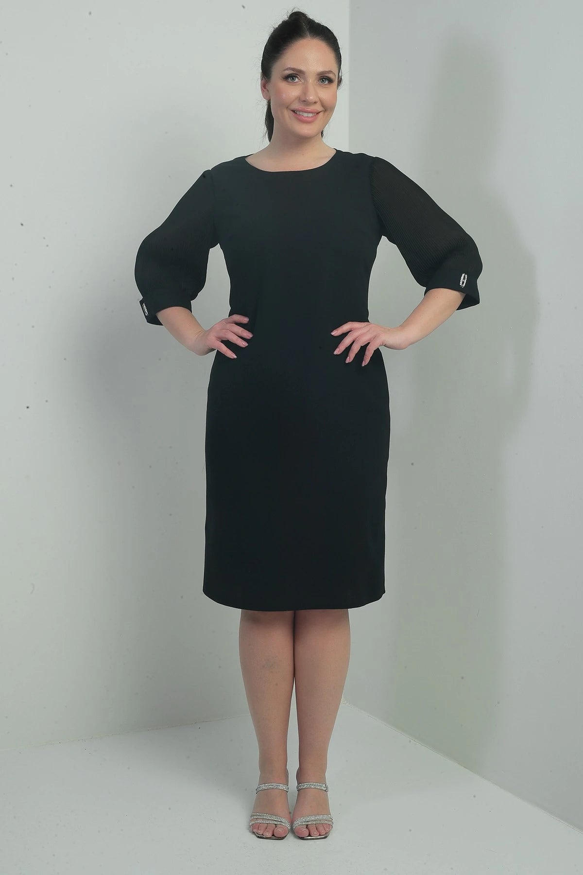 Image of Women's Plus Size Dress with Chiffon Pleated Sleeves and Lining
