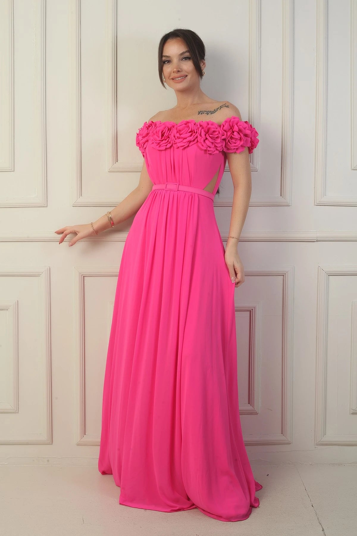 Image of Women's Long Chiffon Dress with Laser-Cut Floral Neckline and Lining, Belted Waist