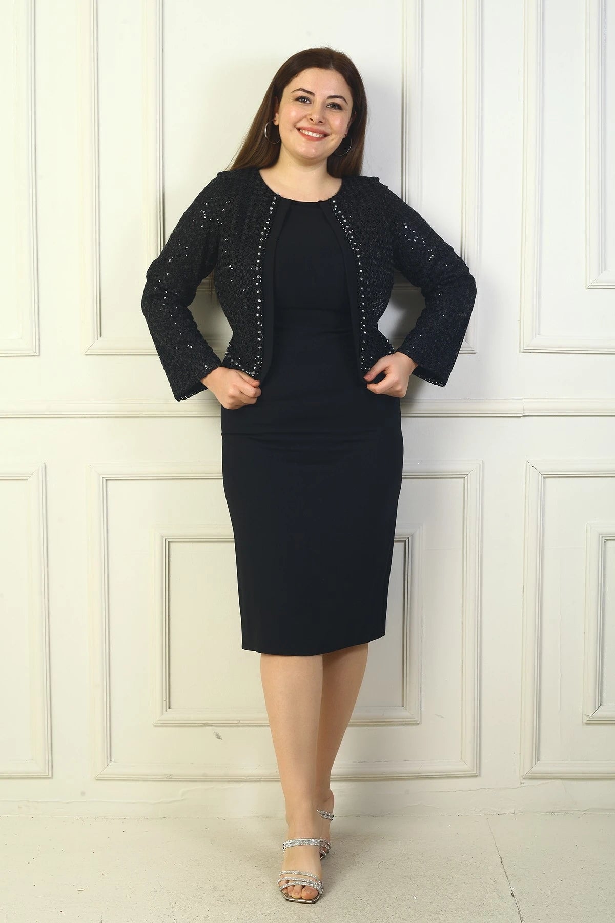 Image of Women's Plus Size Crepe Dress with Lace Jacket Look and Lining
