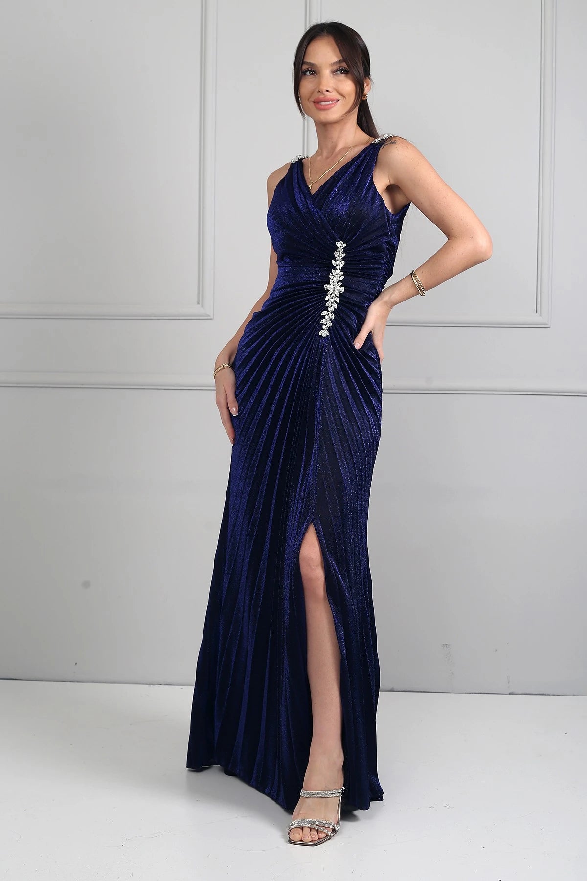 Image of Women's Wrap Neckline Long Evening Dress with Thick Shoulder Stone Detail, Stone Embellished Front, Gathered, and Slit