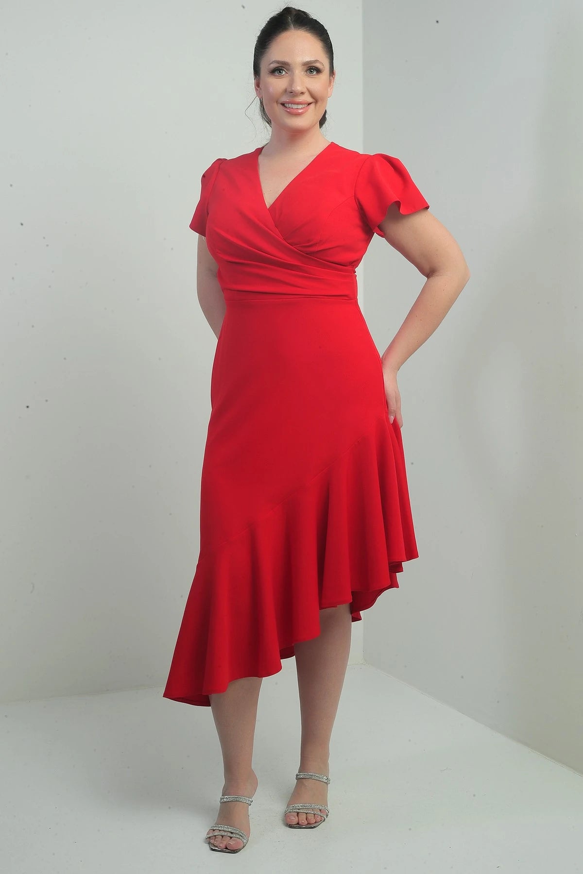 Image of Women's Wrap Neckline Draped Front Lined Ruffled Skirt Plus Size Crepe Dress