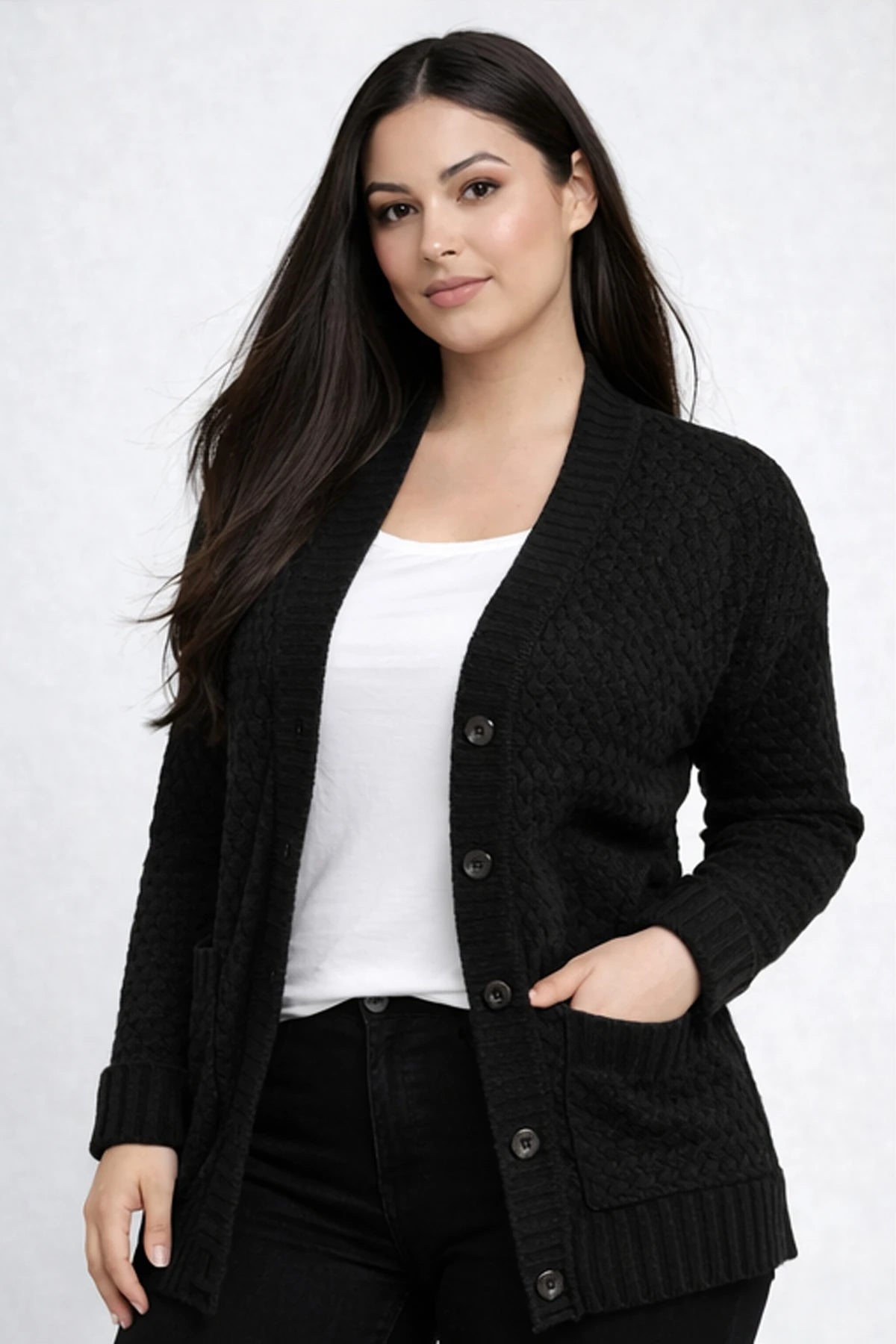 Image of Women's Basket Weave Pattern Pocketed Tunic Cardigan