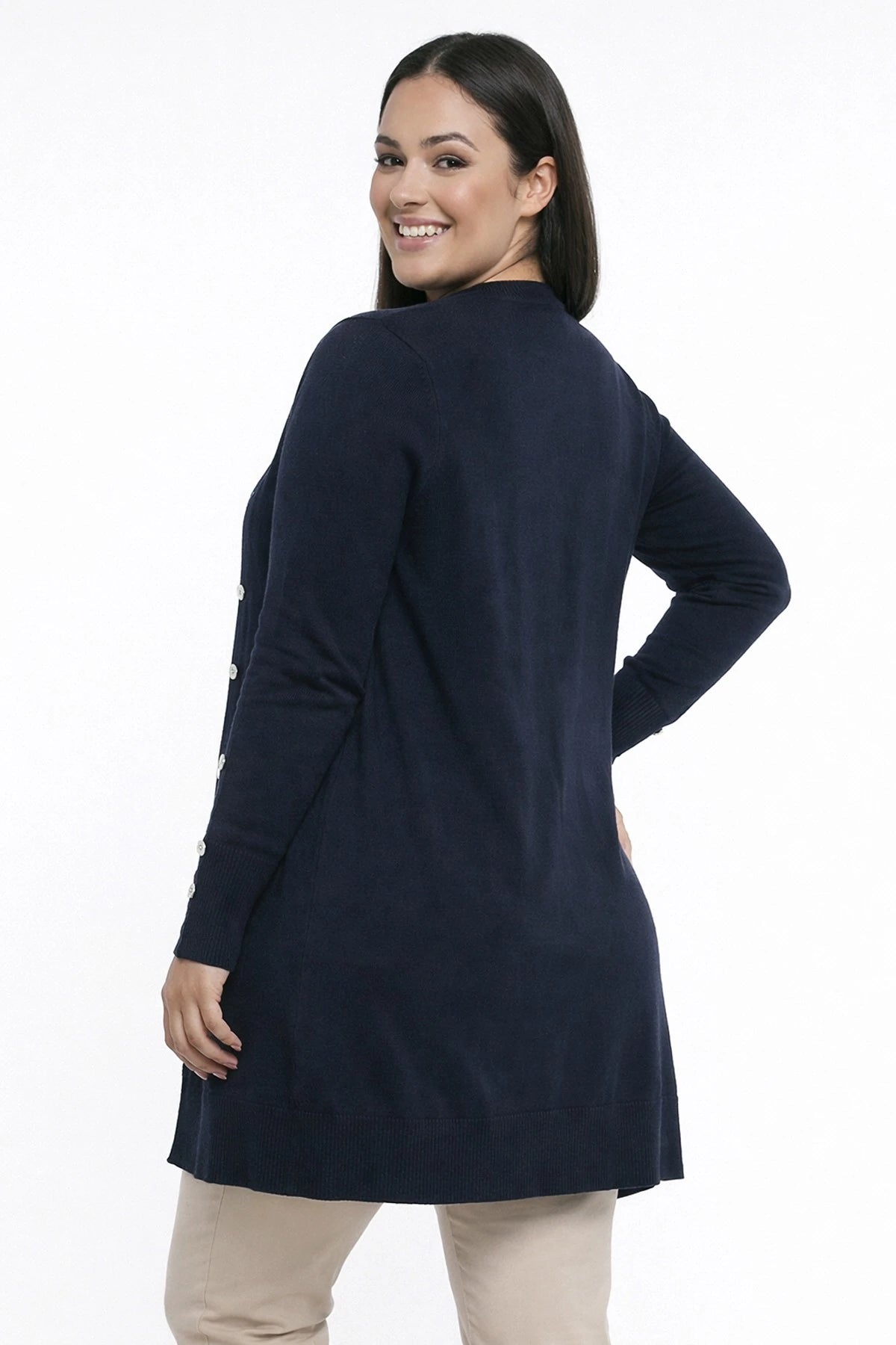 Image of Women's Plus Size Knitted Cardigan with Button Detail on Sleeves