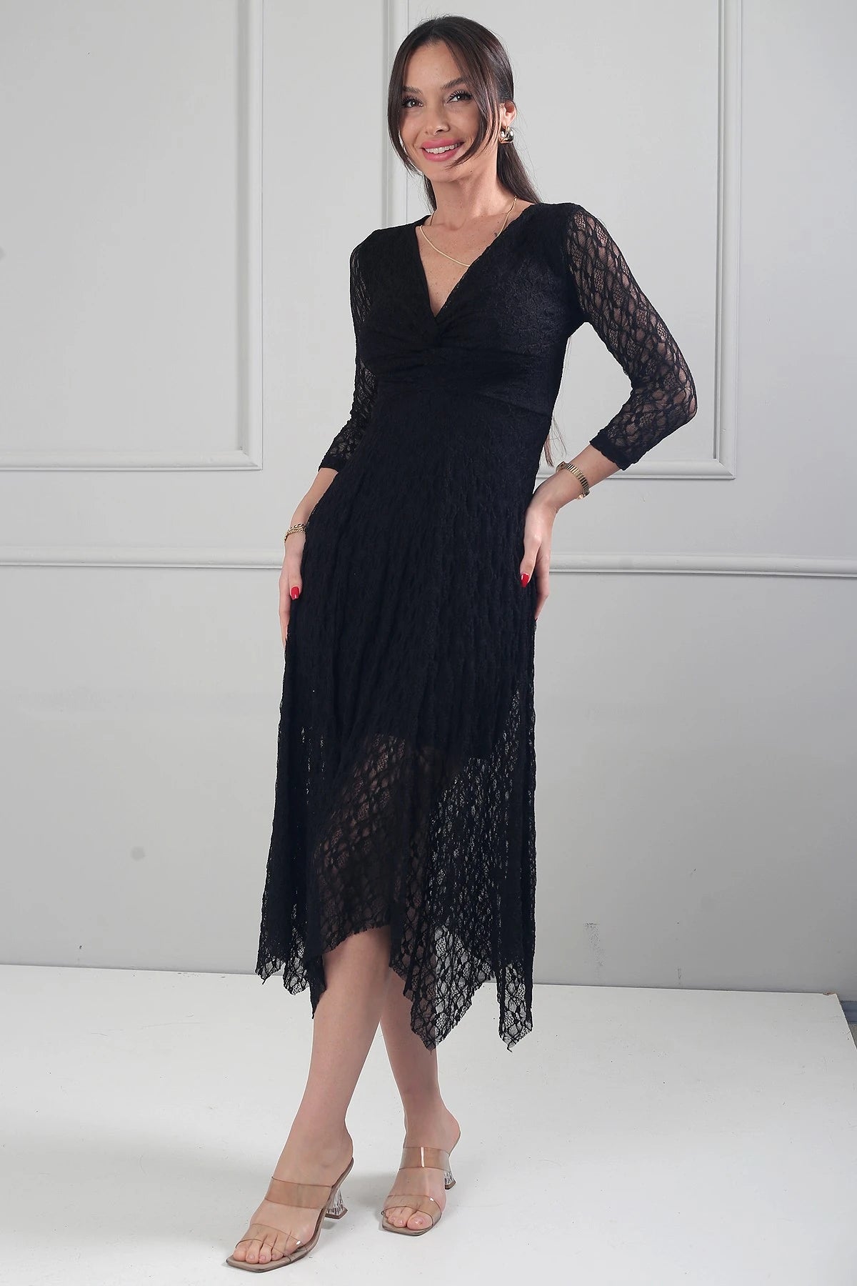 Image of Women's Asymmetrical Lace Midi Dress with Front Knot Detail and Lined Skirt