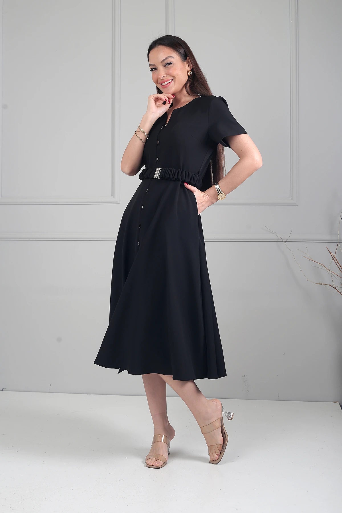 Image of Women's Short-Sleeved Midi Dress with Metal Buttons at the Front and Pockets