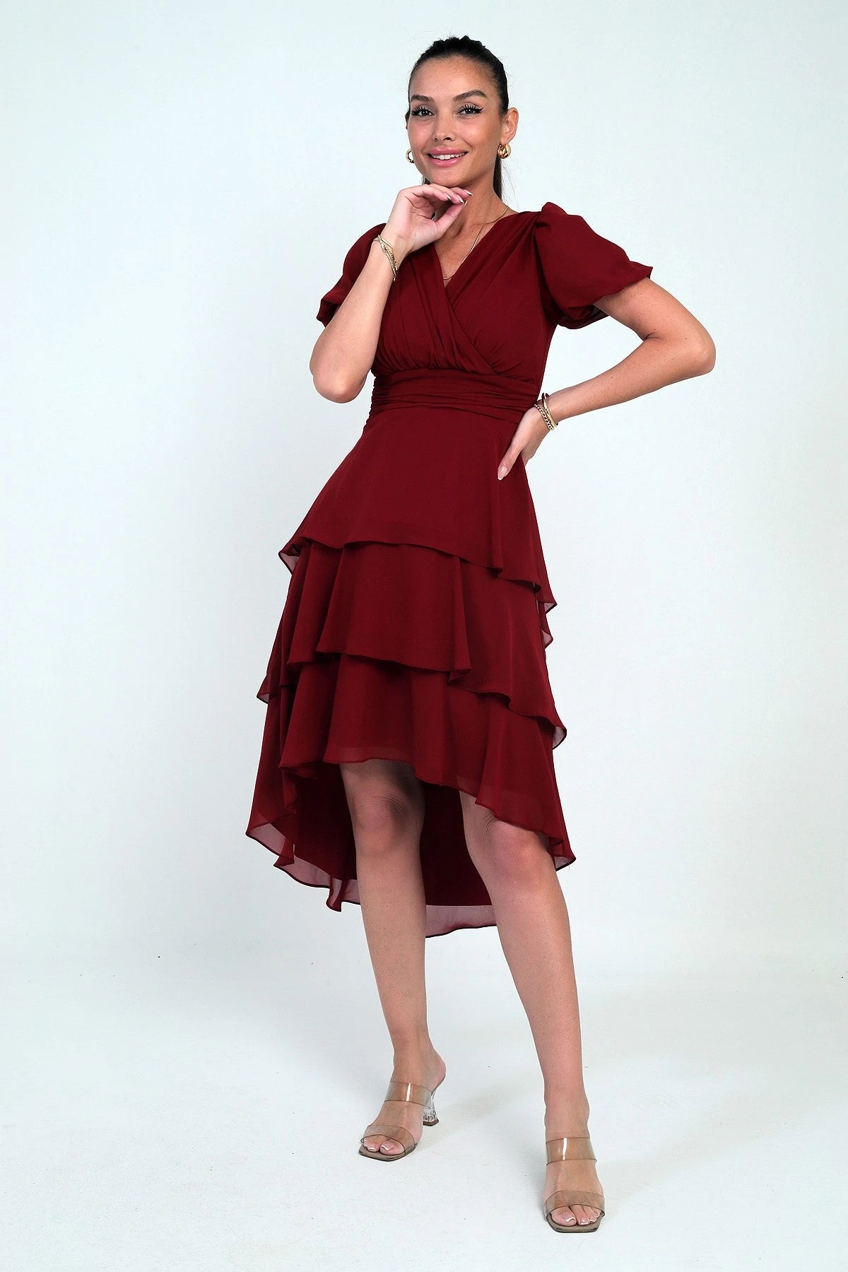 Image of Women's Wrap Neckline Back Zipper Layered Pleated Chiffon Dress