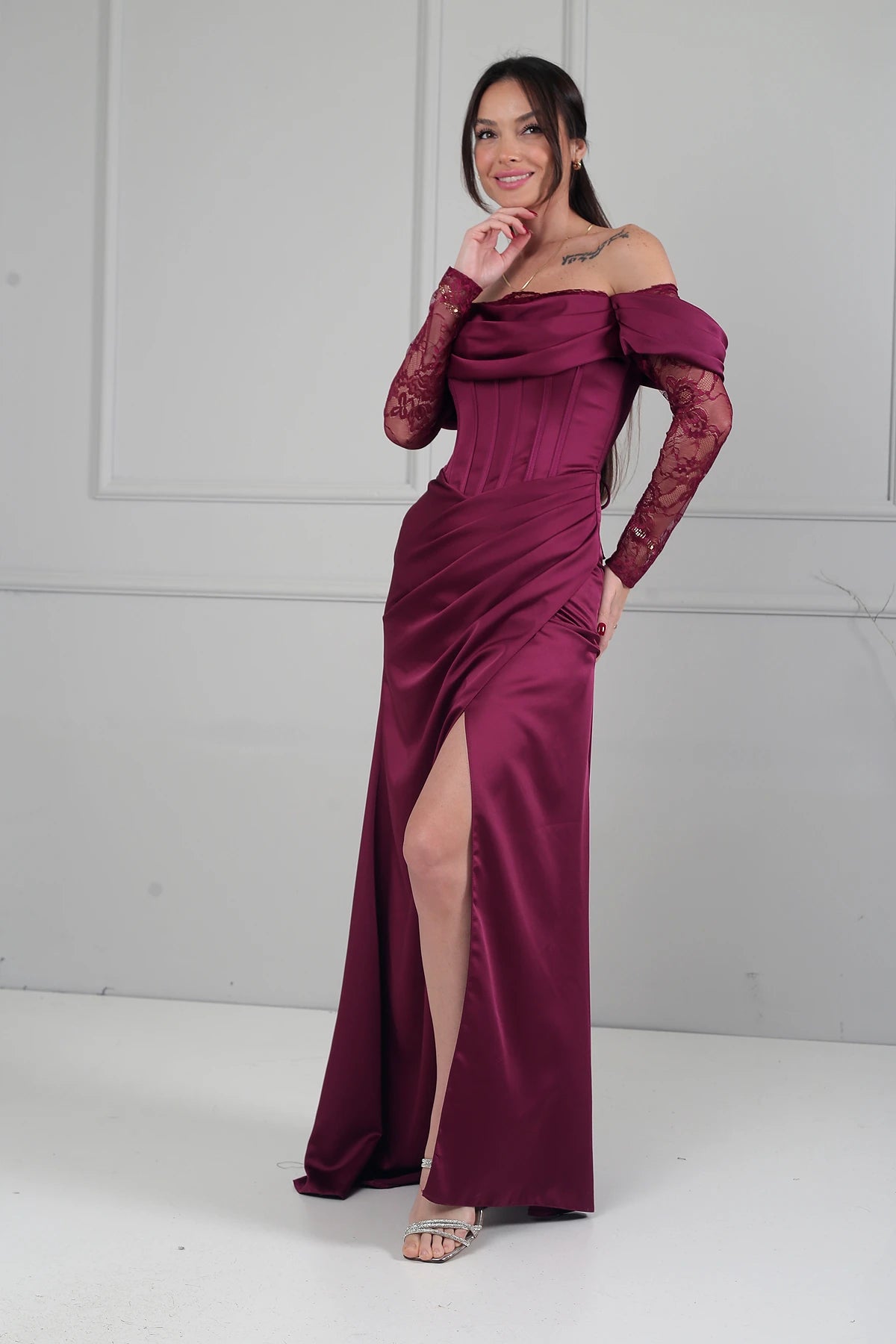 Image of Women's Boat Neck Lace Sleeve Lined Long Satin Dress