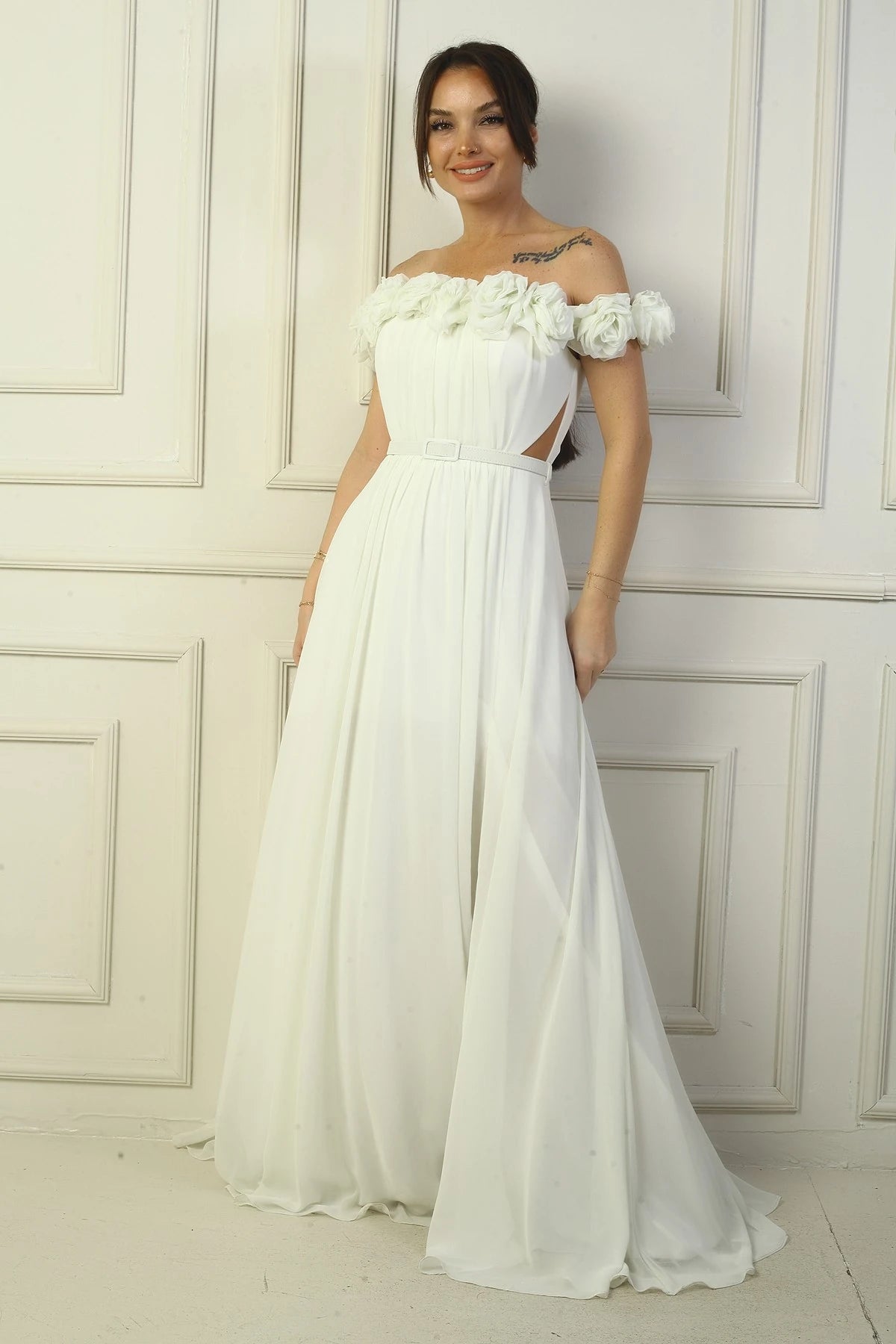 Image of Women's Long Chiffon Dress with Laser-Cut Floral Neckline and Lining, Belted Waist