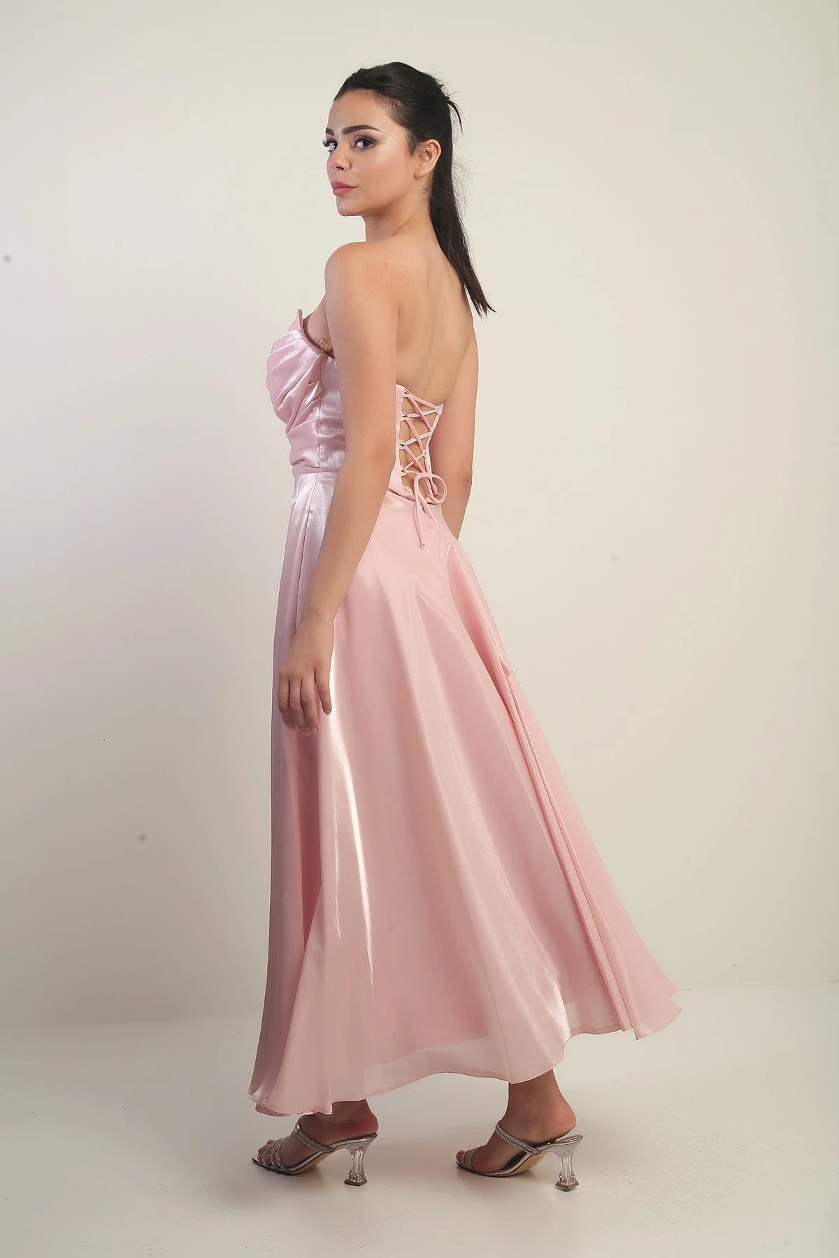 Image of Rochie midi din satin organza, fără bretele, cu decolteu în V pentru femei