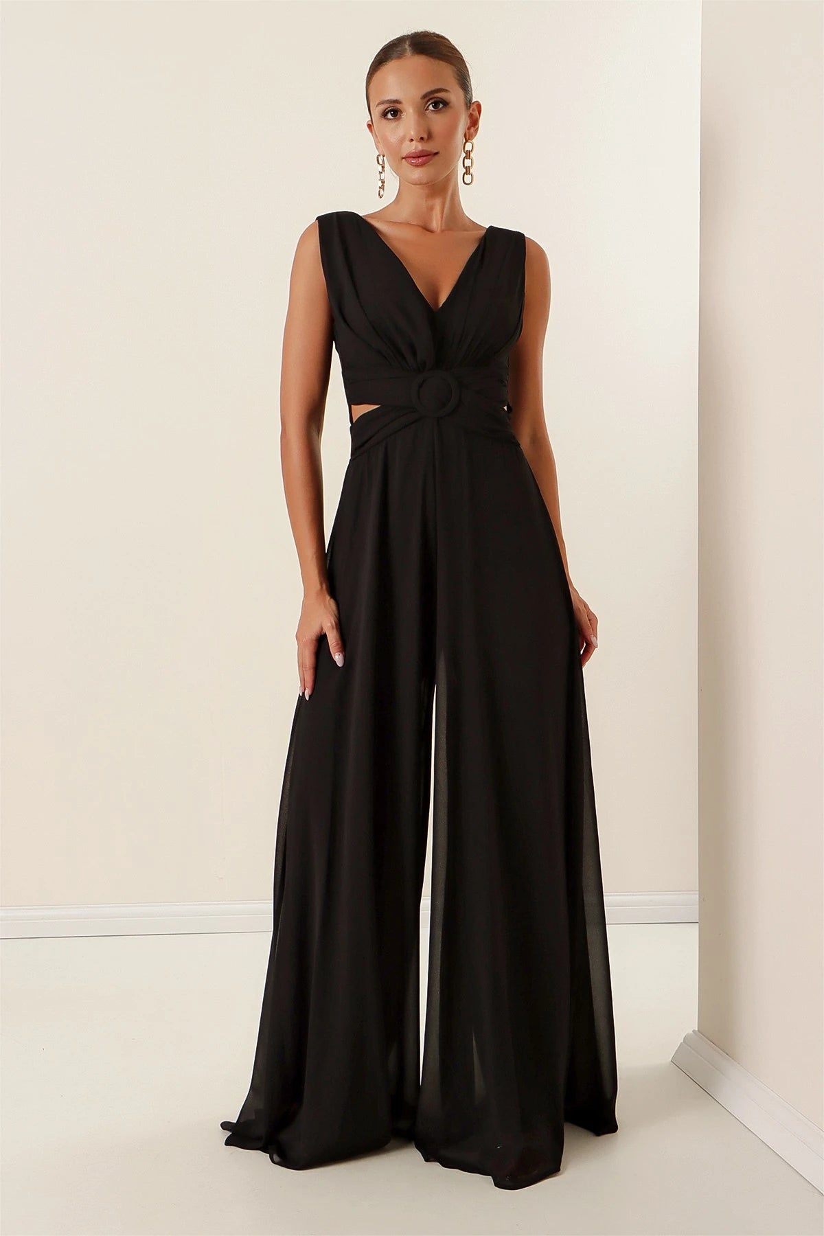 Image of Waist-detailed, front and back V-neck, lined chiffon jumpsuit.