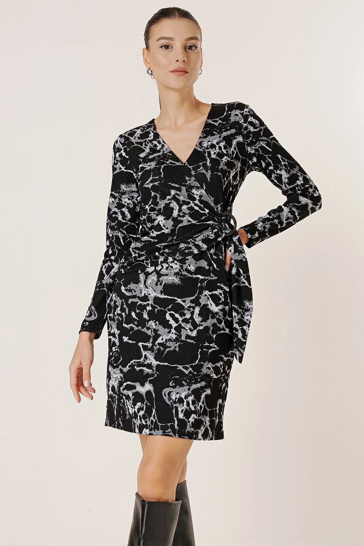 Image of Wrap Neck Buckle Detail Patterned Lycra Dress
