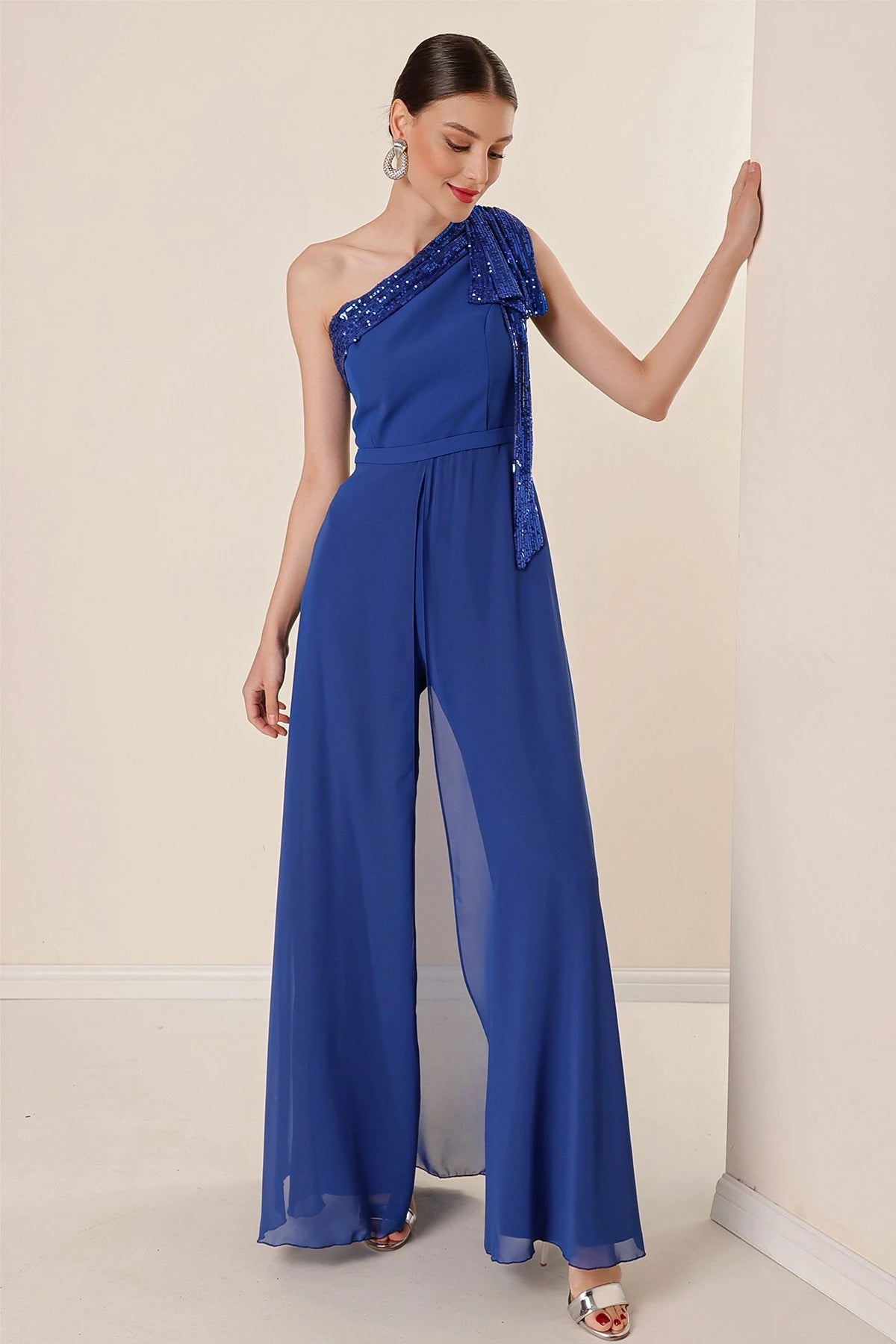 Image of Sequin Collar One-Shoulder Chiffon Crepe Jumpsuit