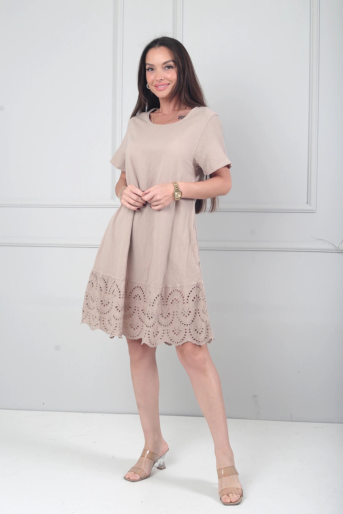 Image of Kadın İtalyan Kısa Kollu Eteği Fisto Astarlı Cepli Cotton Midi Elbise