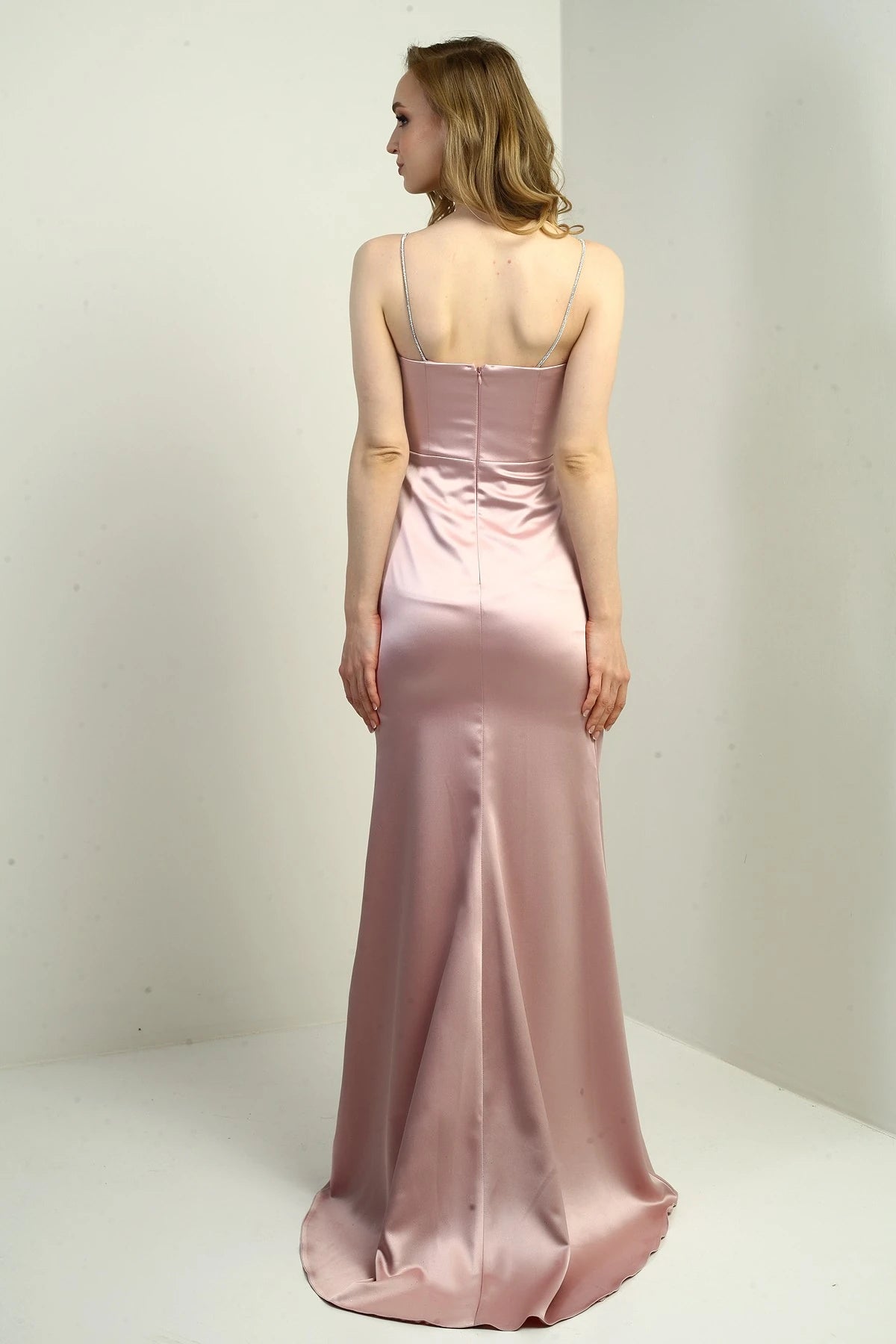 Image of Women's Shiny Strappy Deep Slit Front Gathered Pleated Long Satin Evening Dress