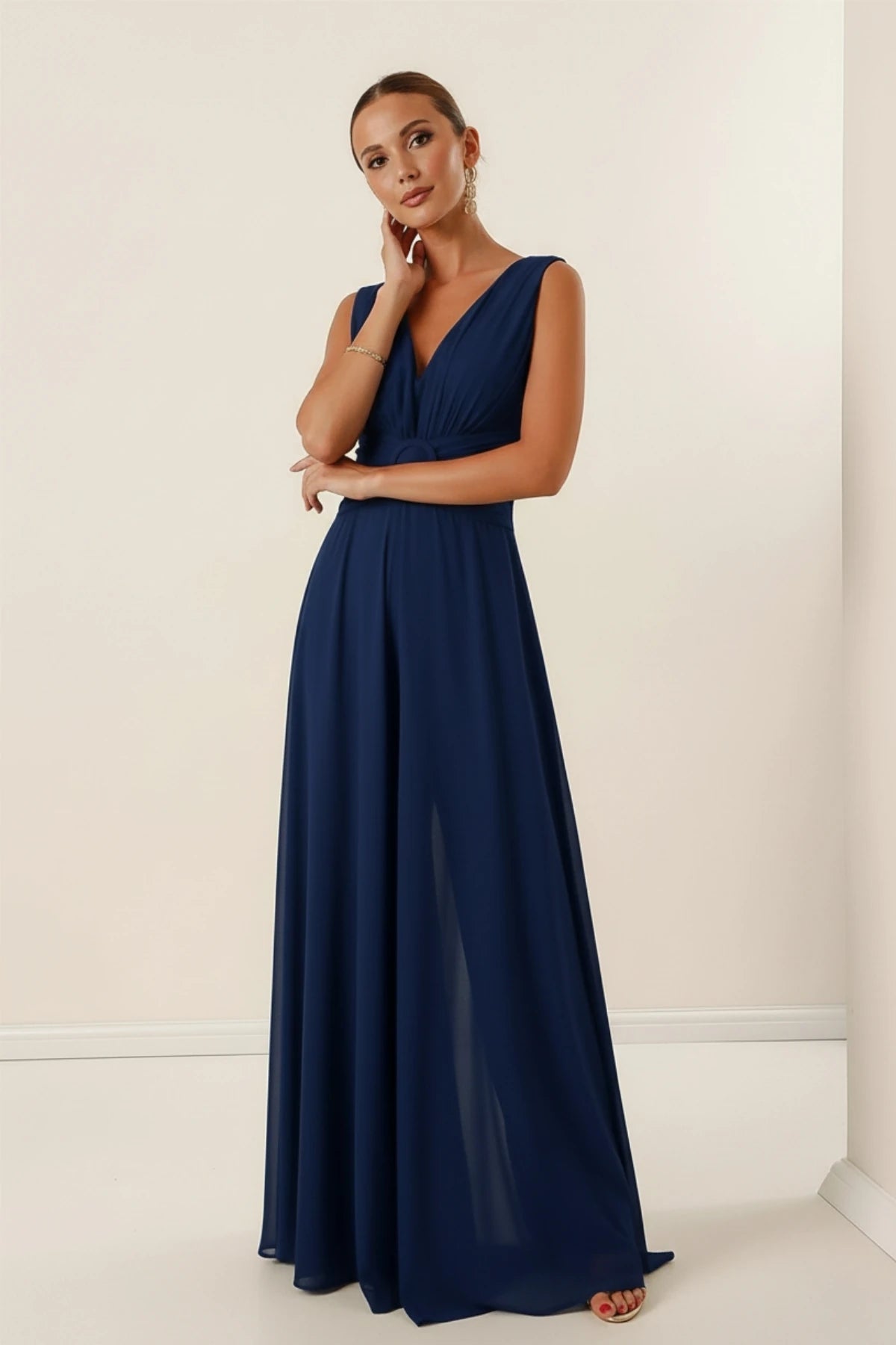 Image of Waist-detailed, front and back V-neck, lined chiffon jumpsuit.