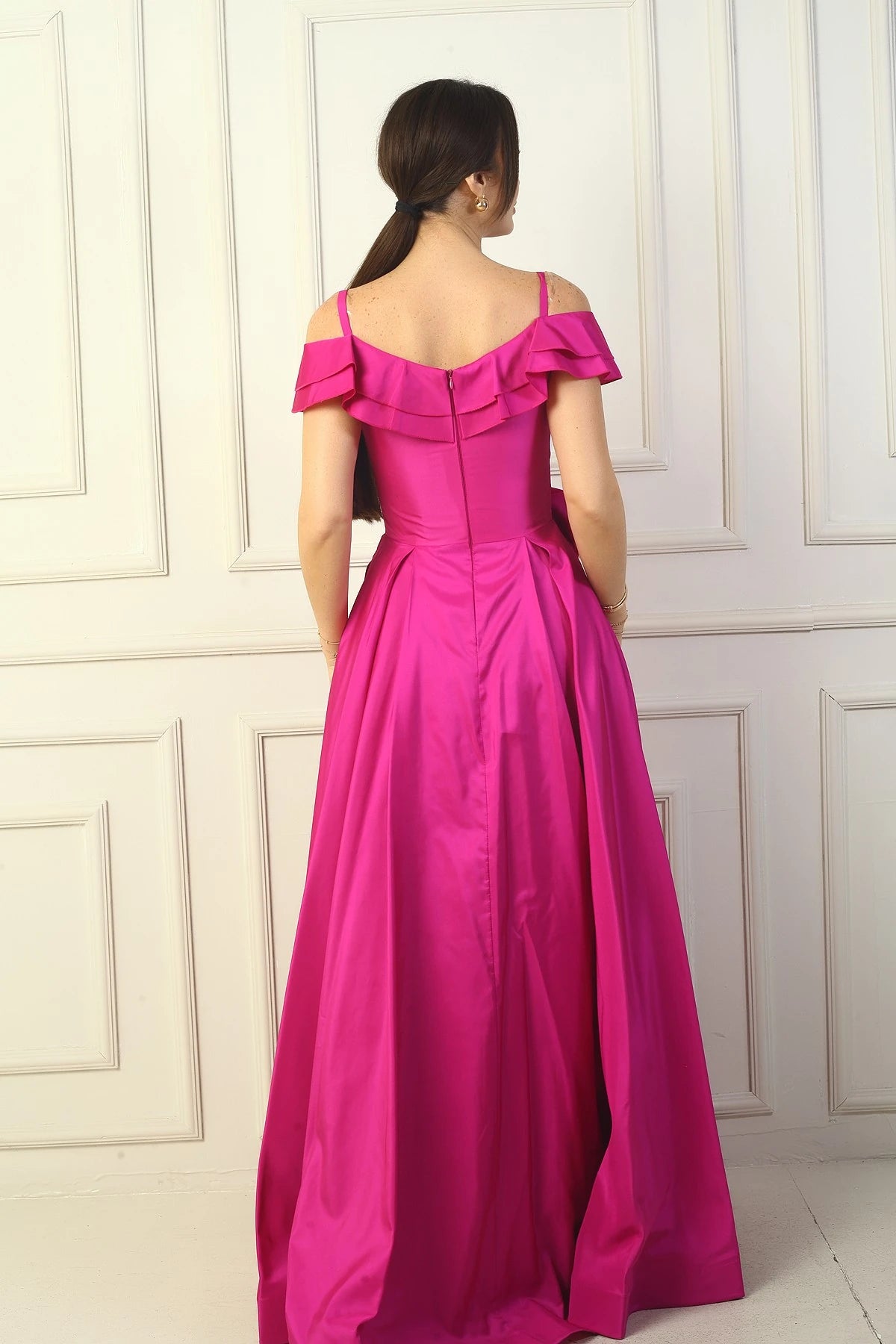 Image of Women's Strappy Boat Neck Long Taffeta Evening Dress with Rose Detail, Lined, and Pockets